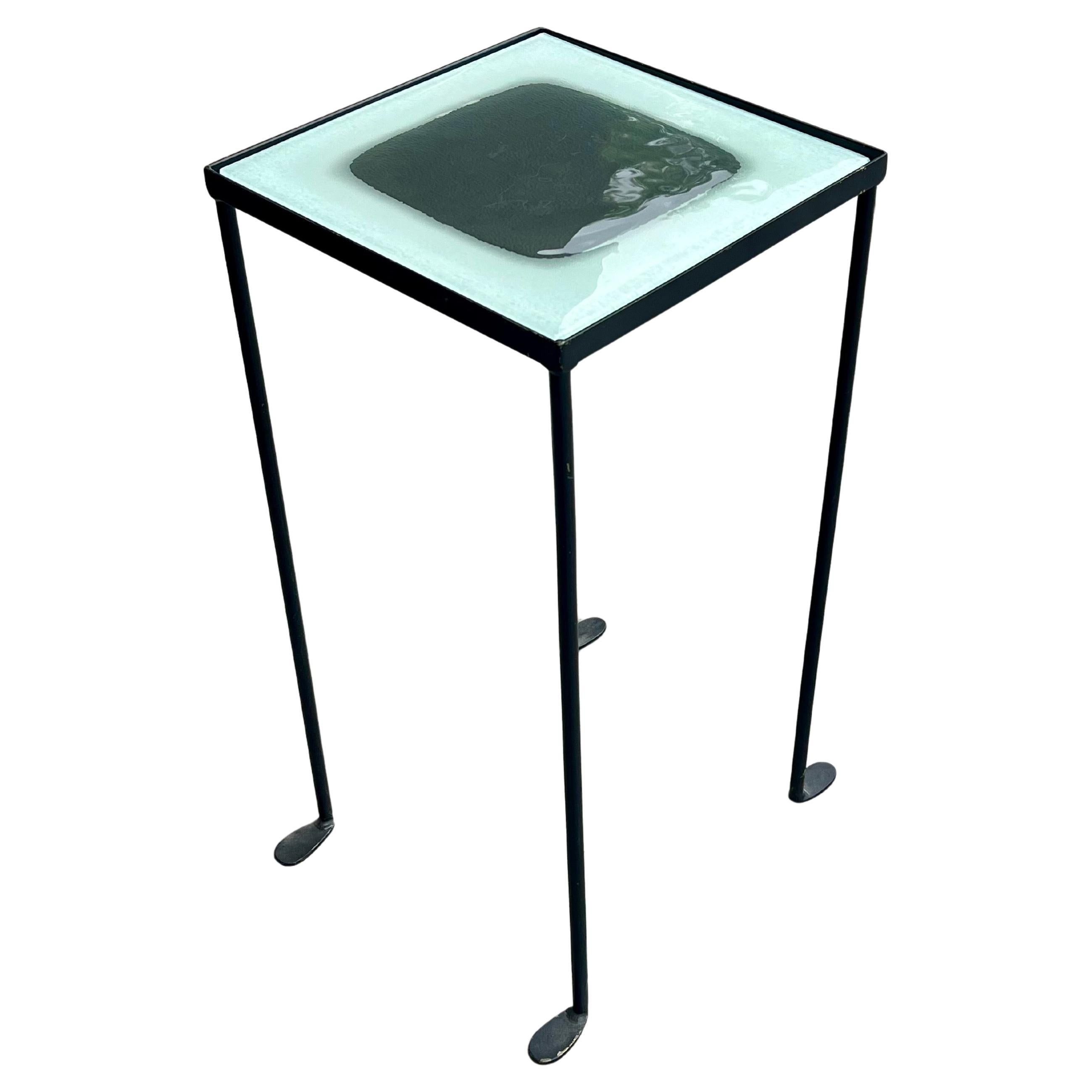 American Pair of End Side Tables California Designe Glass Tops & Iron Frame by Anna Cabo For Sale