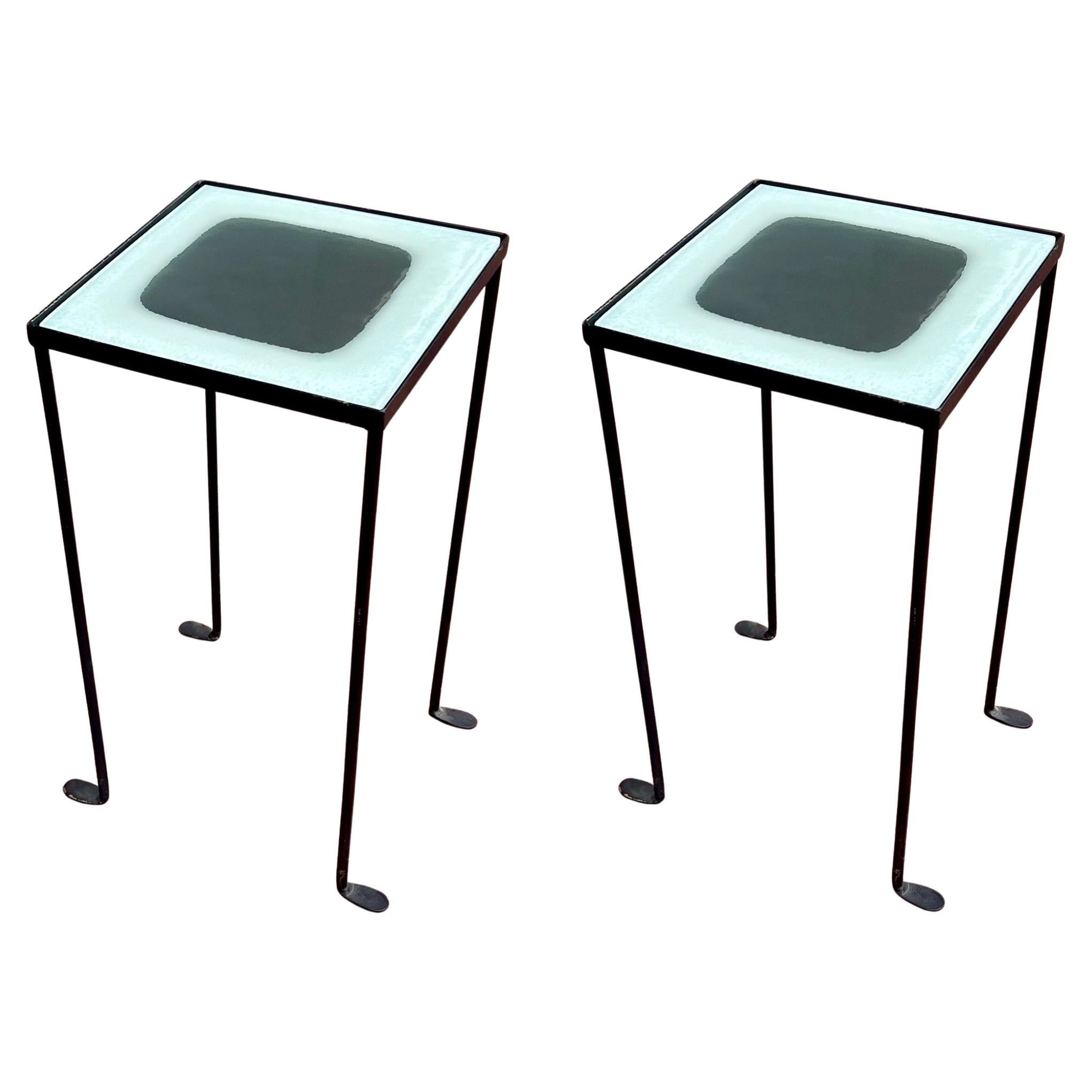 Pair of End Side Tables California Designe Glass Tops & Iron Frame by Anna Cabo In Excellent Condition For Sale In San Diego, CA
