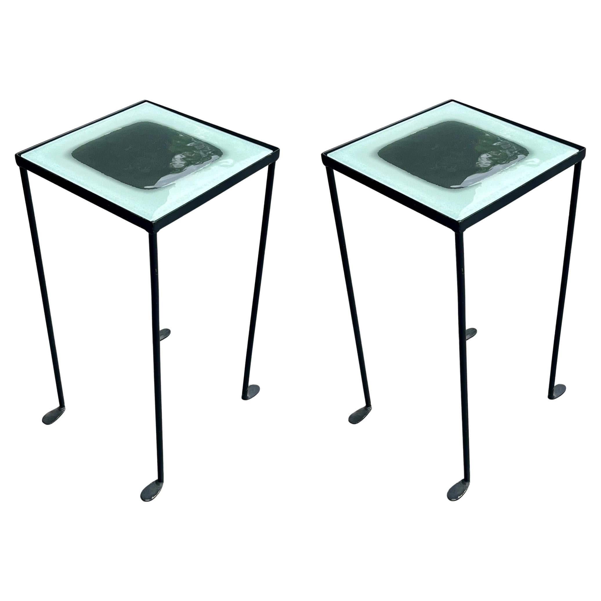 20th Century Pair of End Side Tables California Designe Glass Tops & Iron Frame by Anna Cabo For Sale