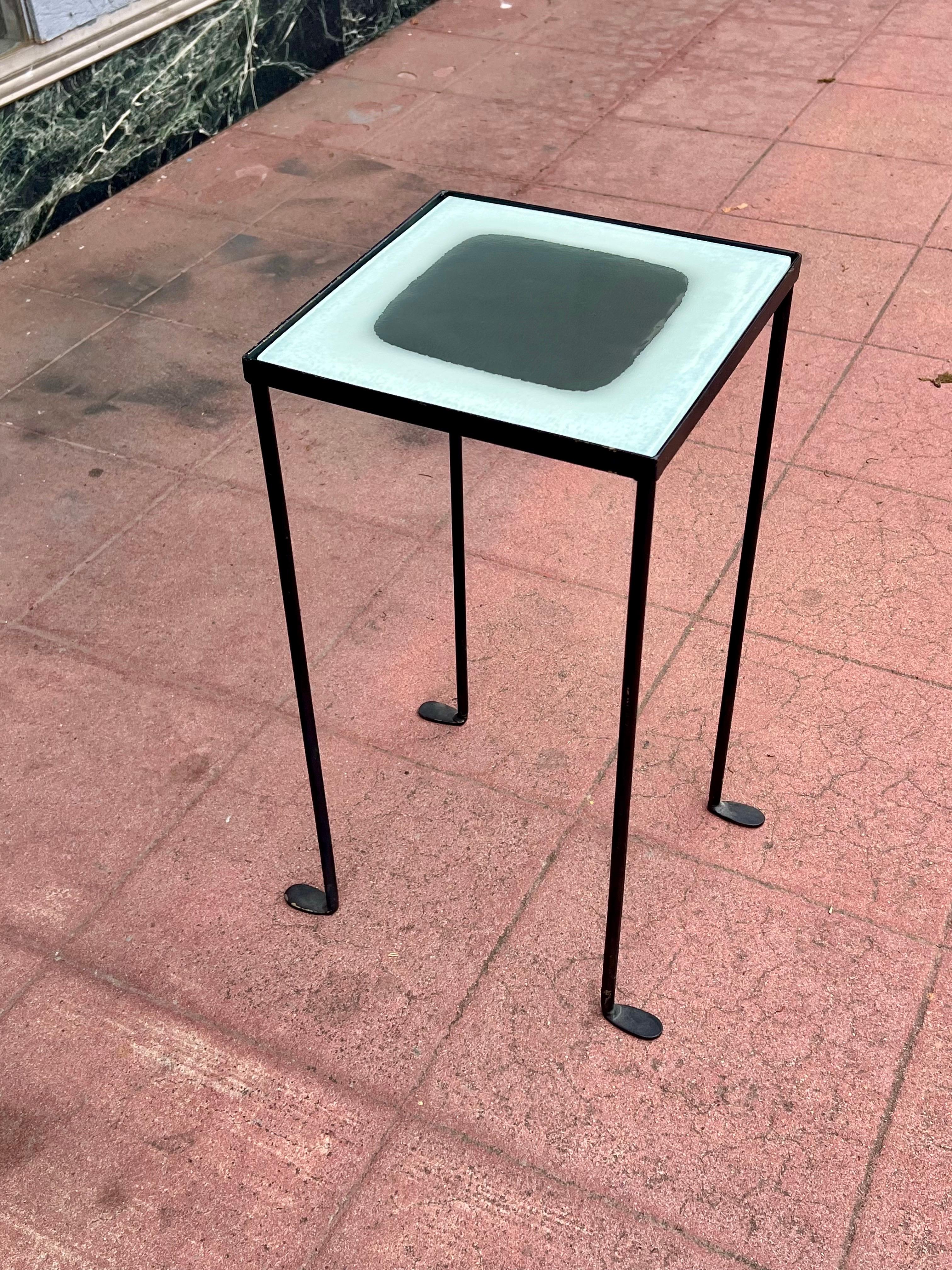 Art Glass Pair of End Side Tables California Designe Glass Tops & Iron Frame by Anna Cabo For Sale
