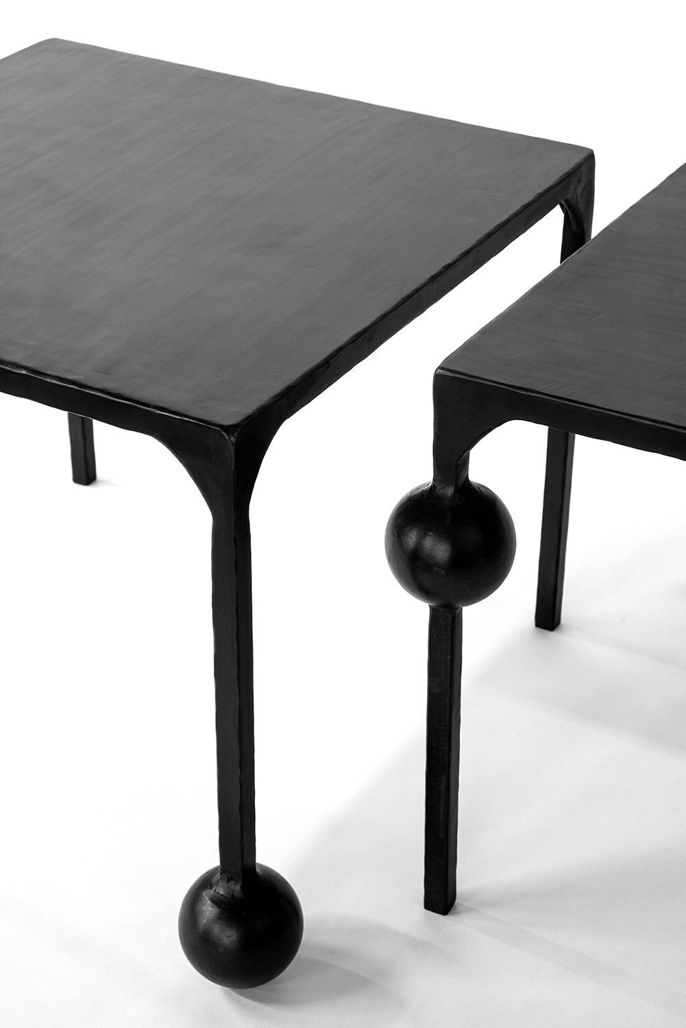 American Pair of End/Side Tables Modern Geometric Handmade Carved Blackened Steel For Sale