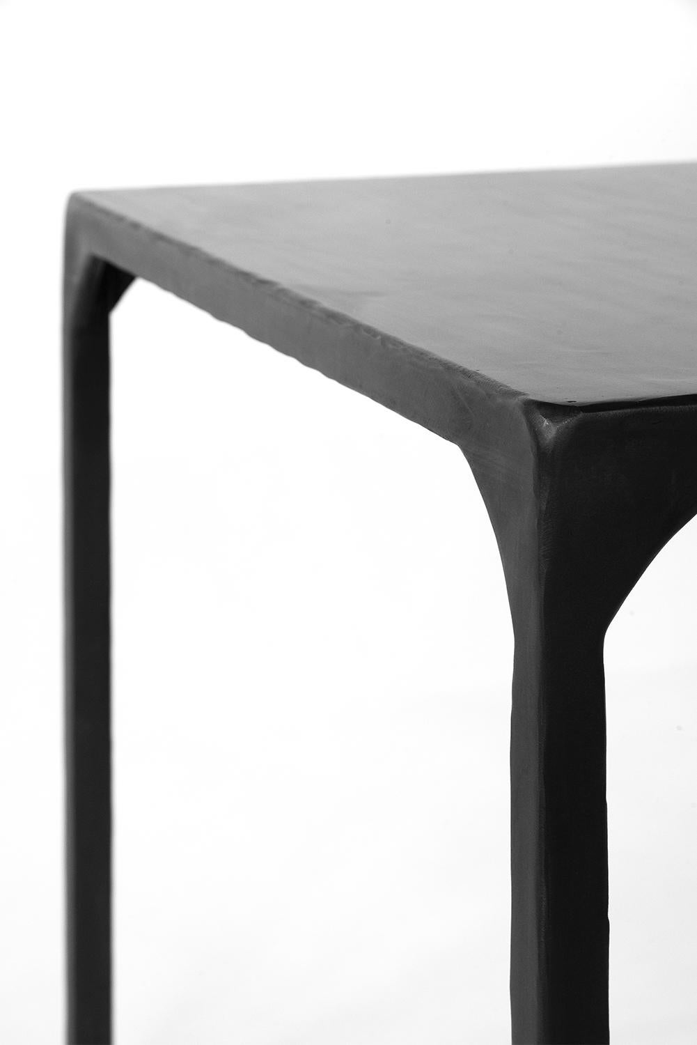 Cast Pair of End Side Tables Modern Geometric Handmade Carved Blackened Steel For Sale