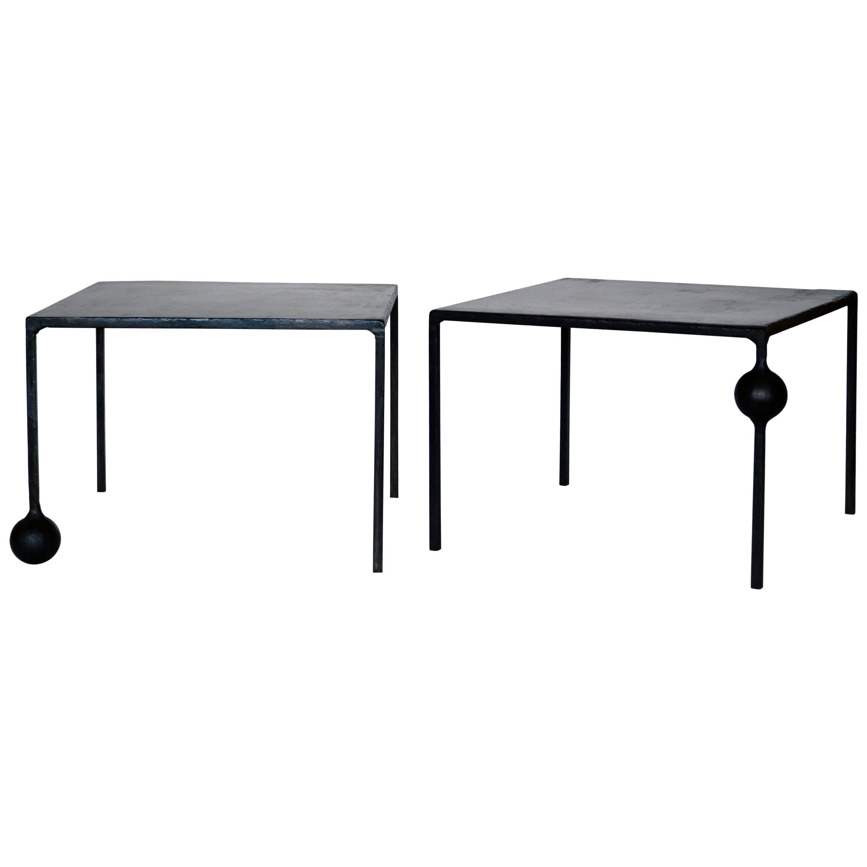 Pair of End/Side Tables Modern Geometric Handmade Carved Blackened Steel For Sale