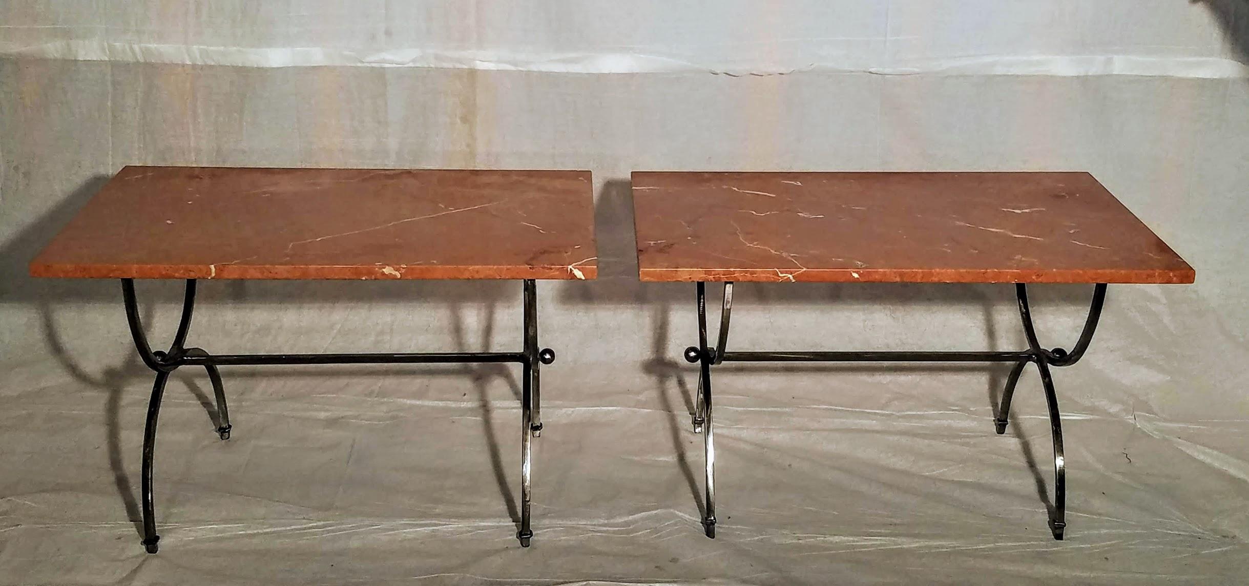 Side tables in the style of Billy Haines. Polished steel neoclassical forms topped in Rojo Alicante marble.
An interesting choice of materials from the 1960s.
Ex- estate of Alan Moss.
In excellent vintage condition as pictured.