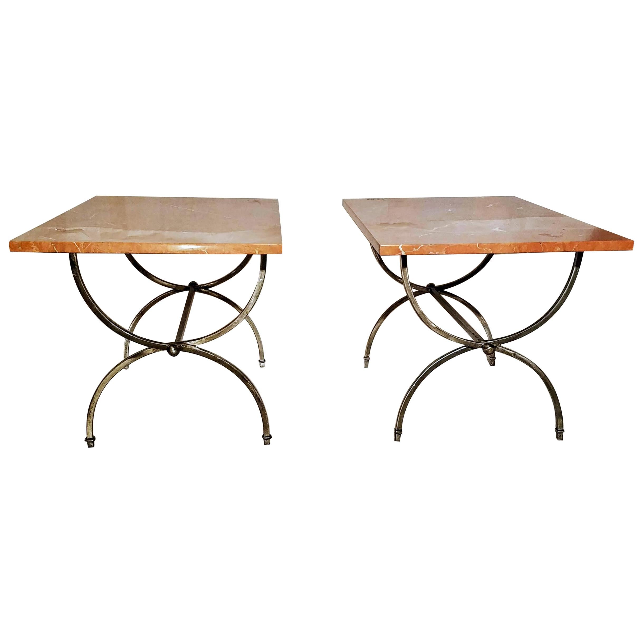 Pair Neoclassical End Tables Billy Haines Style Rojo Alicante Marble Tops, 1960s