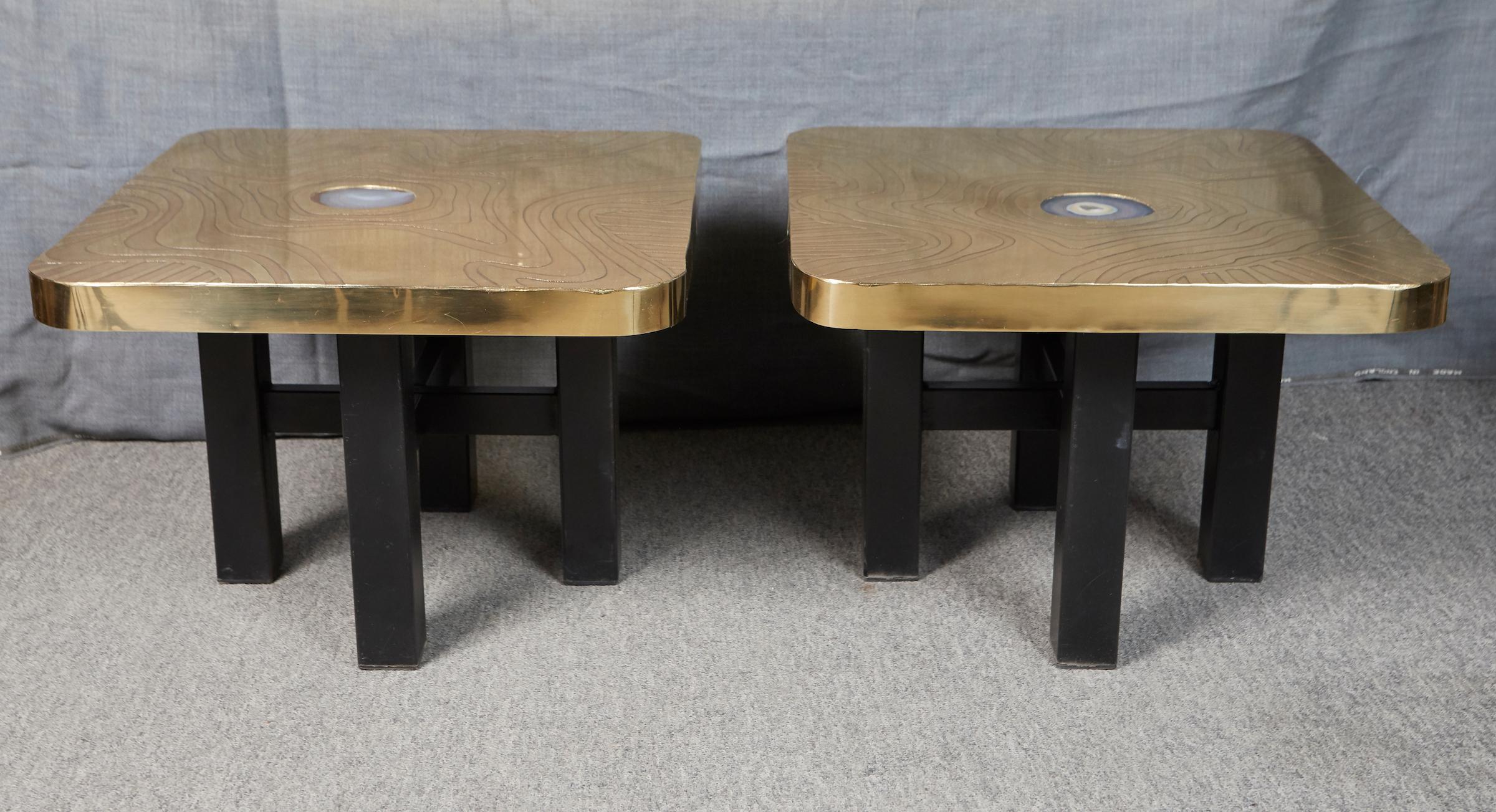 Elegant pair of highly polished brass end tables with inset agate decorations by Georges Mathias.