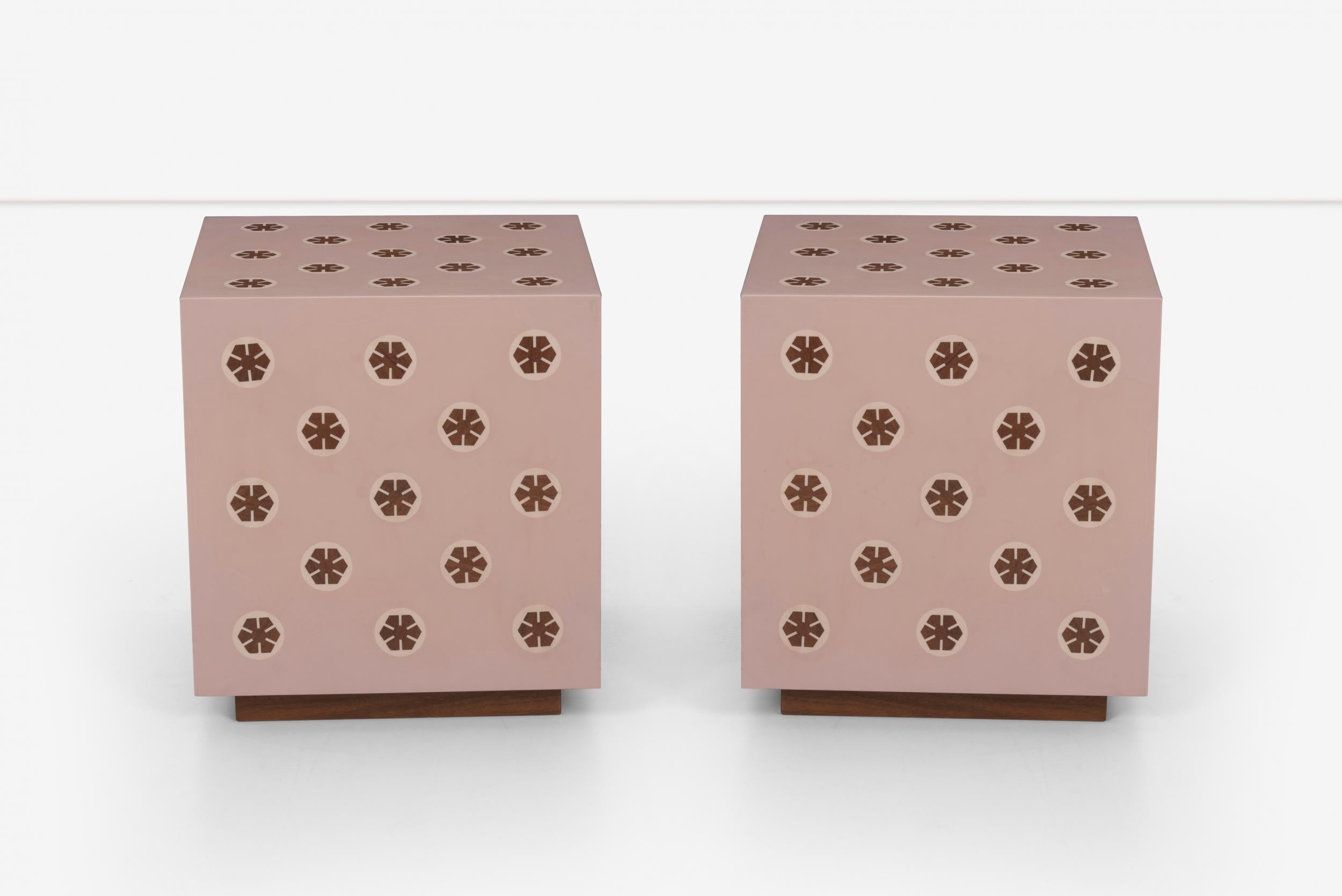 Pair of end tables Dunbar Wormley, Dunbar style, Inlaid walnut geometric designs with resin coated surface.