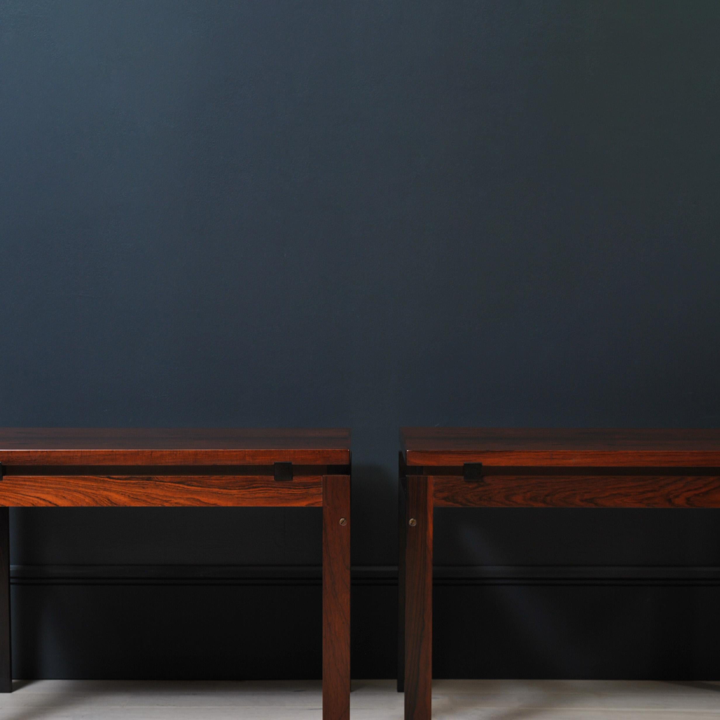 A pair of Scandinavian Nightstands, end or lamp tables. An unusual design with floating top and cube inserts.