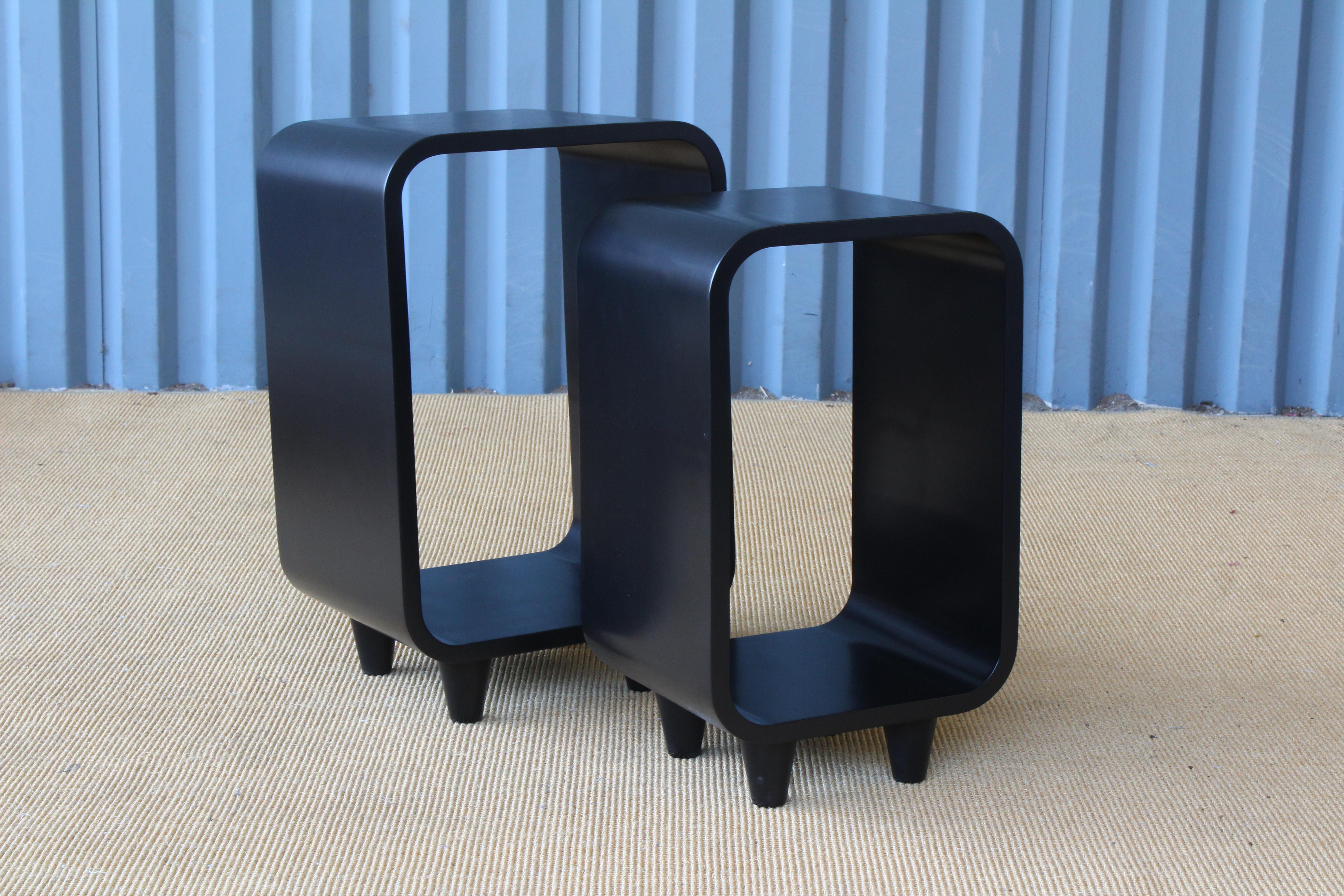 Pair of solid wood end tables with new satin black finish. Sold as a pair.
