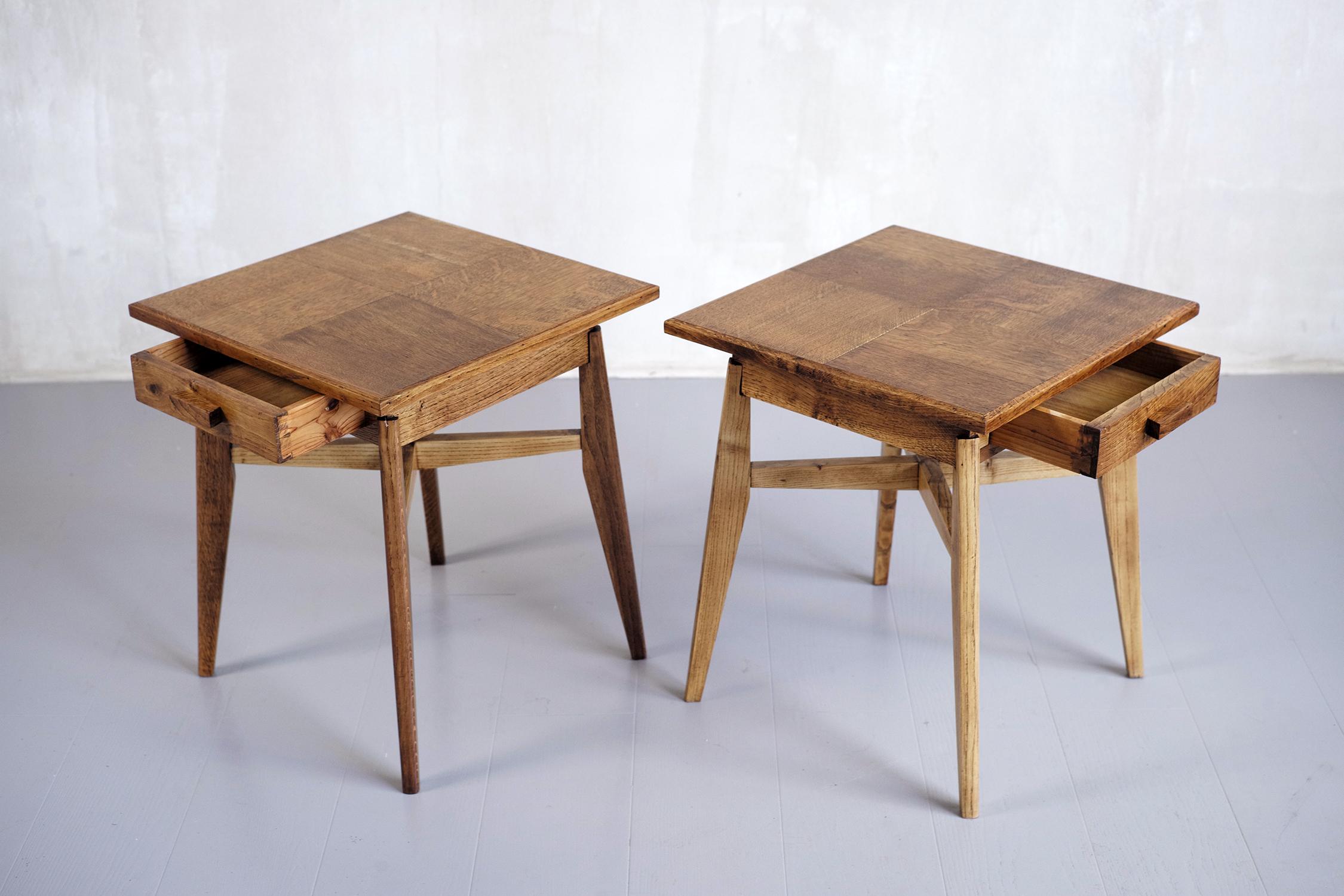 Oiled Pair of End Tables, French Reconstruction 1950 