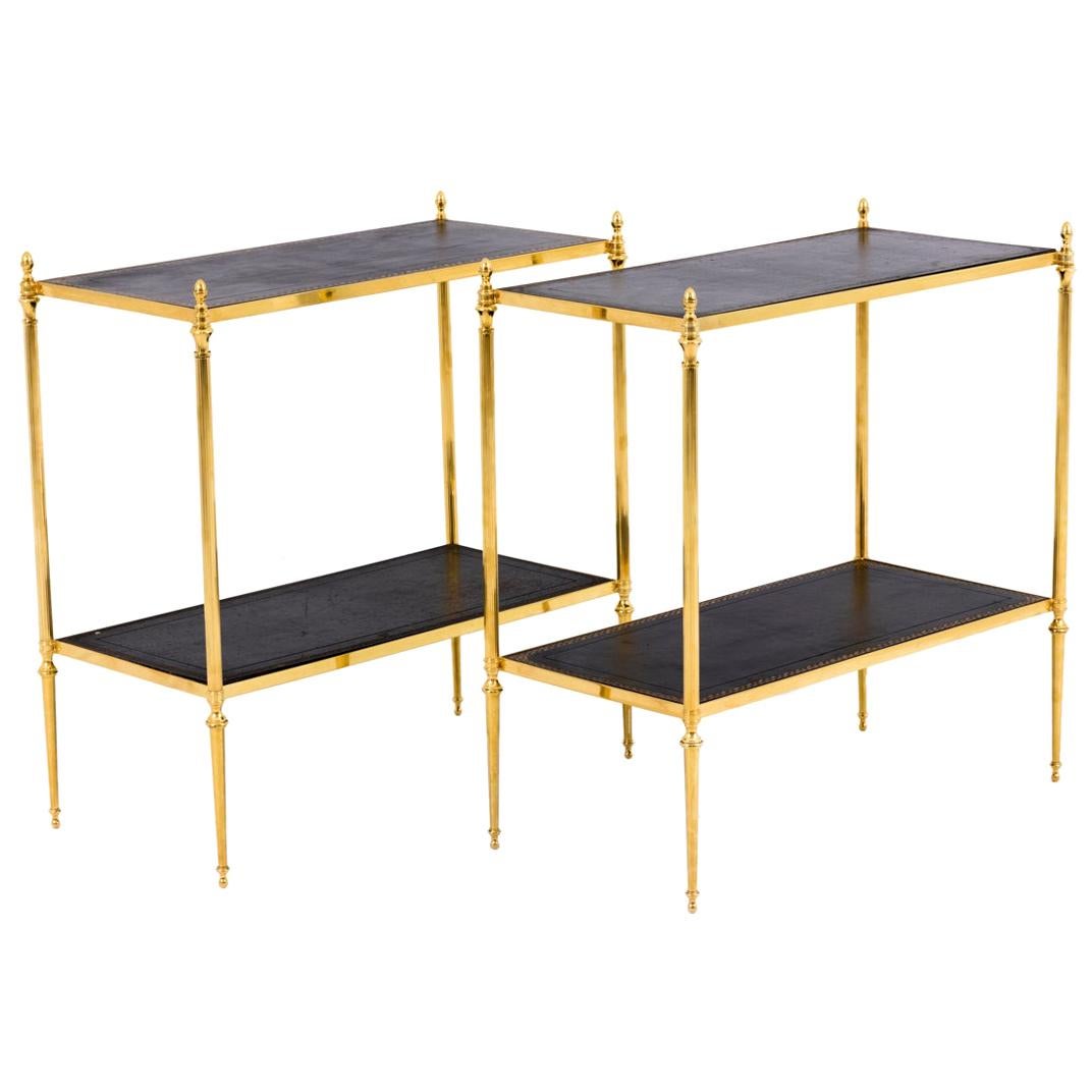 Pair of End Tables in Gilt Brass and Leather, 1970s