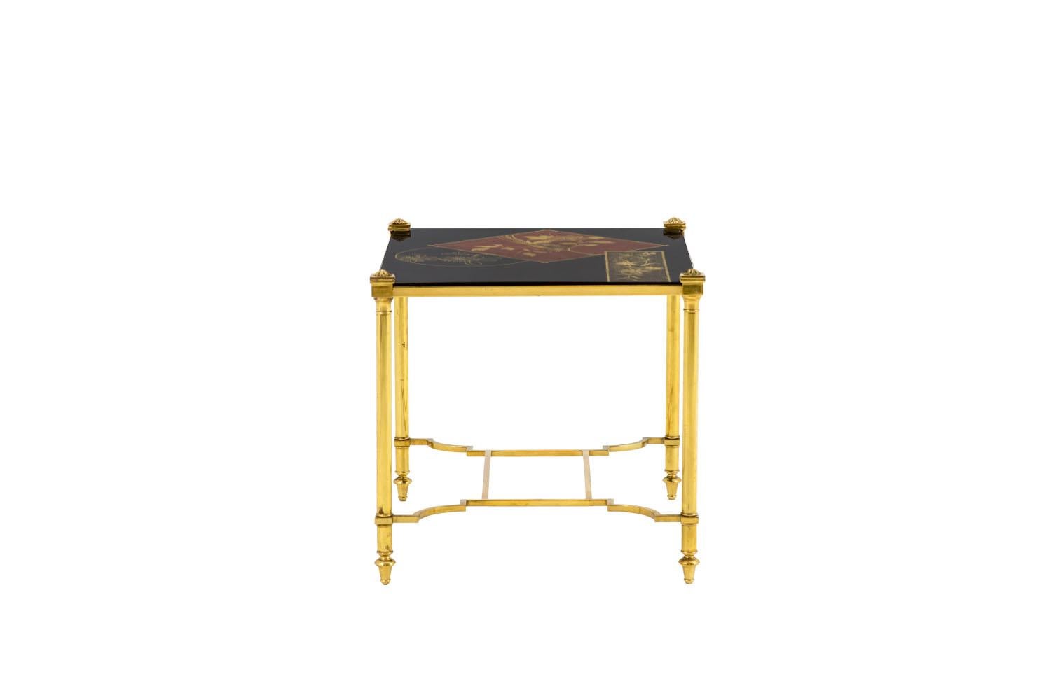 Chinese Export Pair of End Tables in Lacquer and Gilt Brass, 1970s