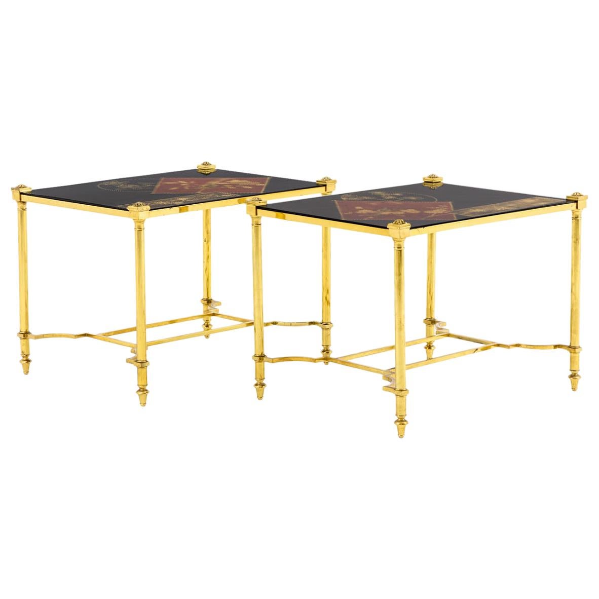 Pair of End Tables in Lacquer and Gilt Brass, 1970s