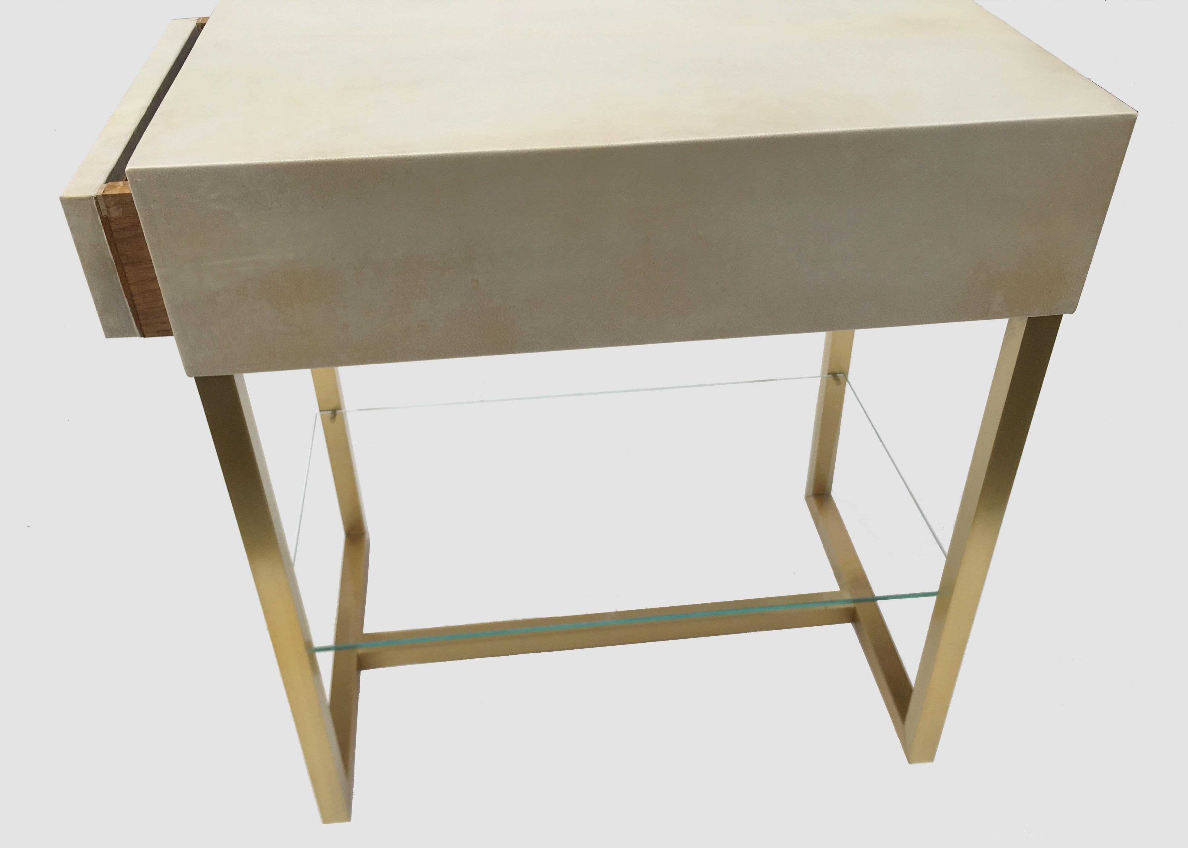 French Pair of End Tables in Parchment and Patinated Brass, Maison Jansen, 1970
