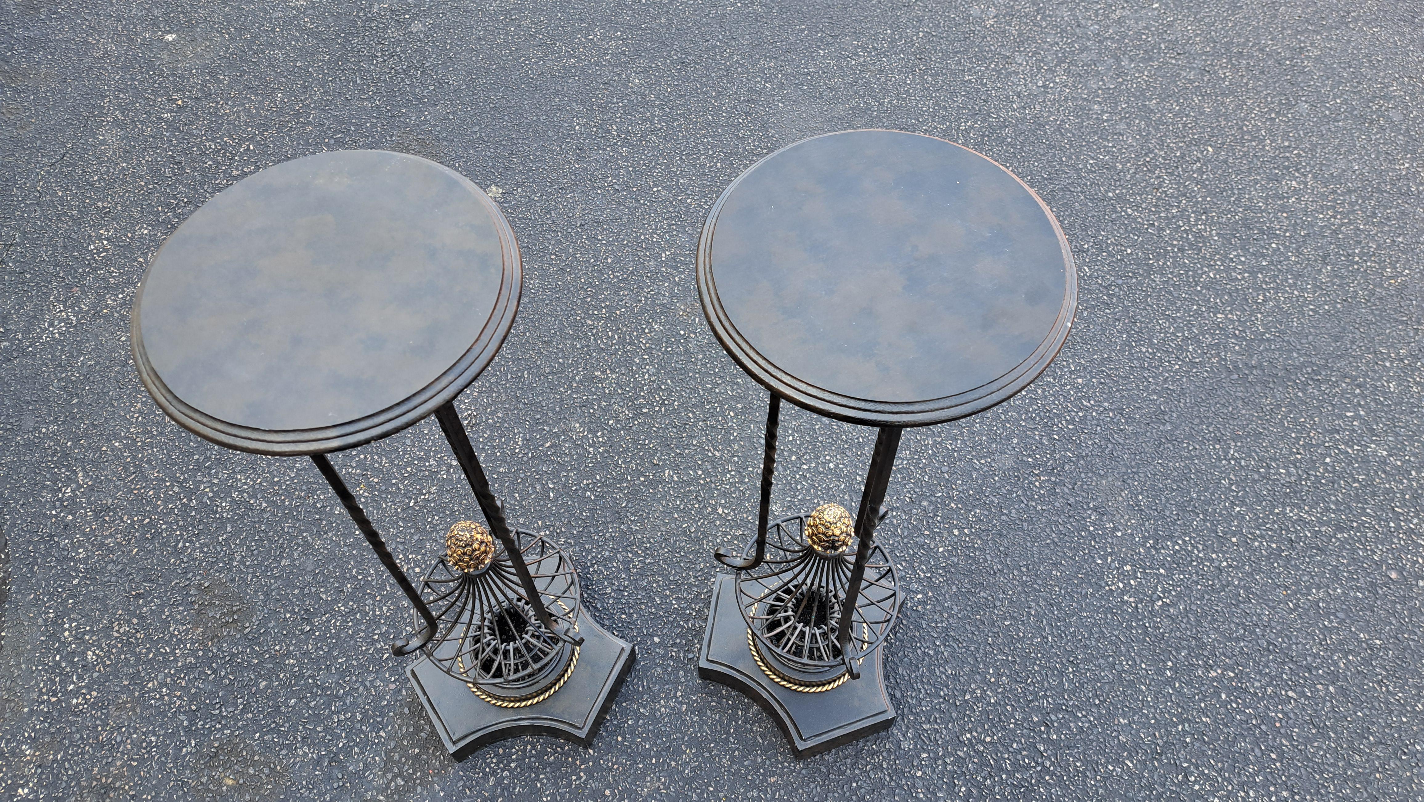 French Provincial Pair of End Tables / Plant Stands With 19th Century Style French Embossed Iron