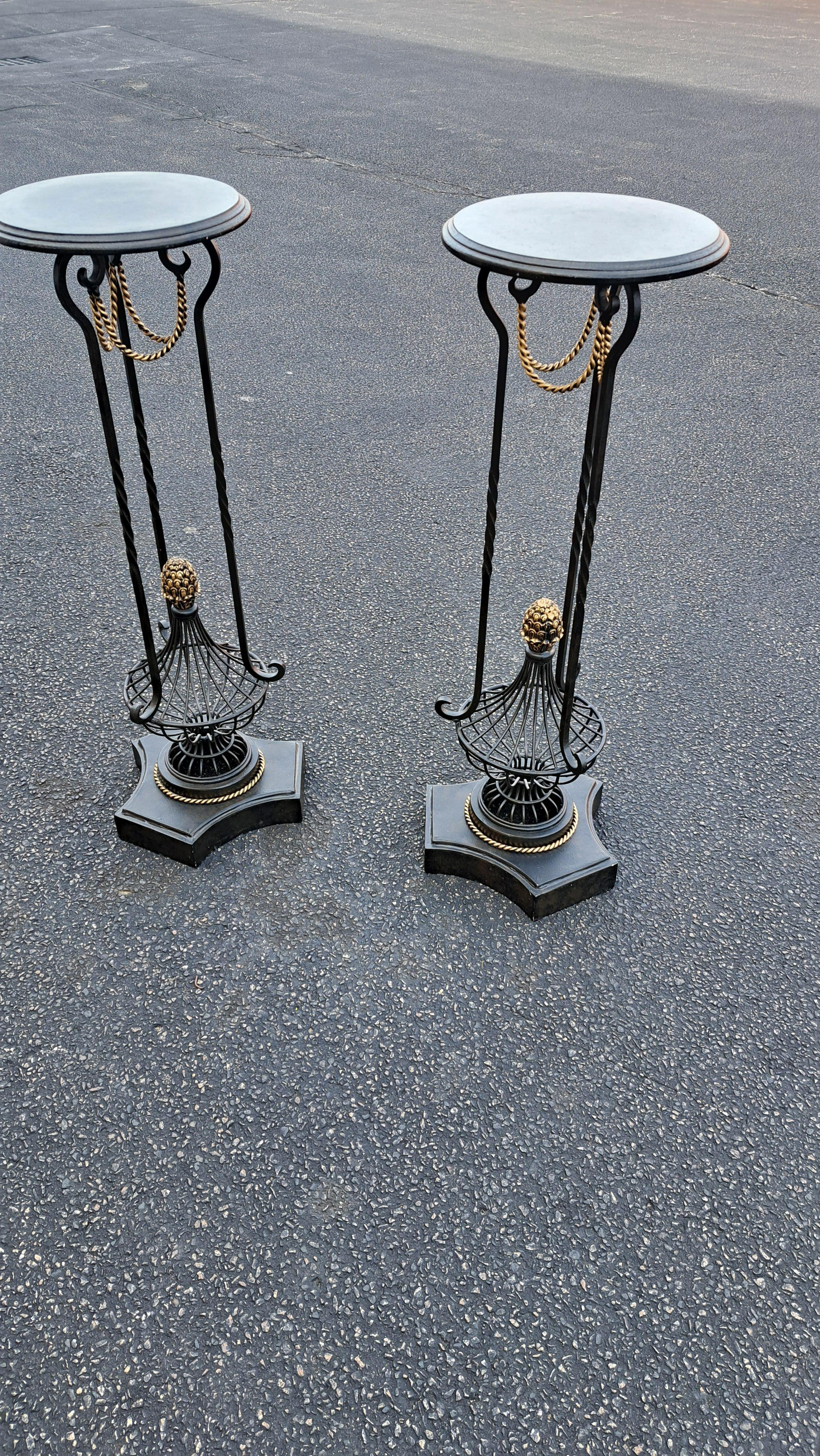 Gilt Pair of End Tables / Plant Stands With 19th Century Style French Embossed Iron