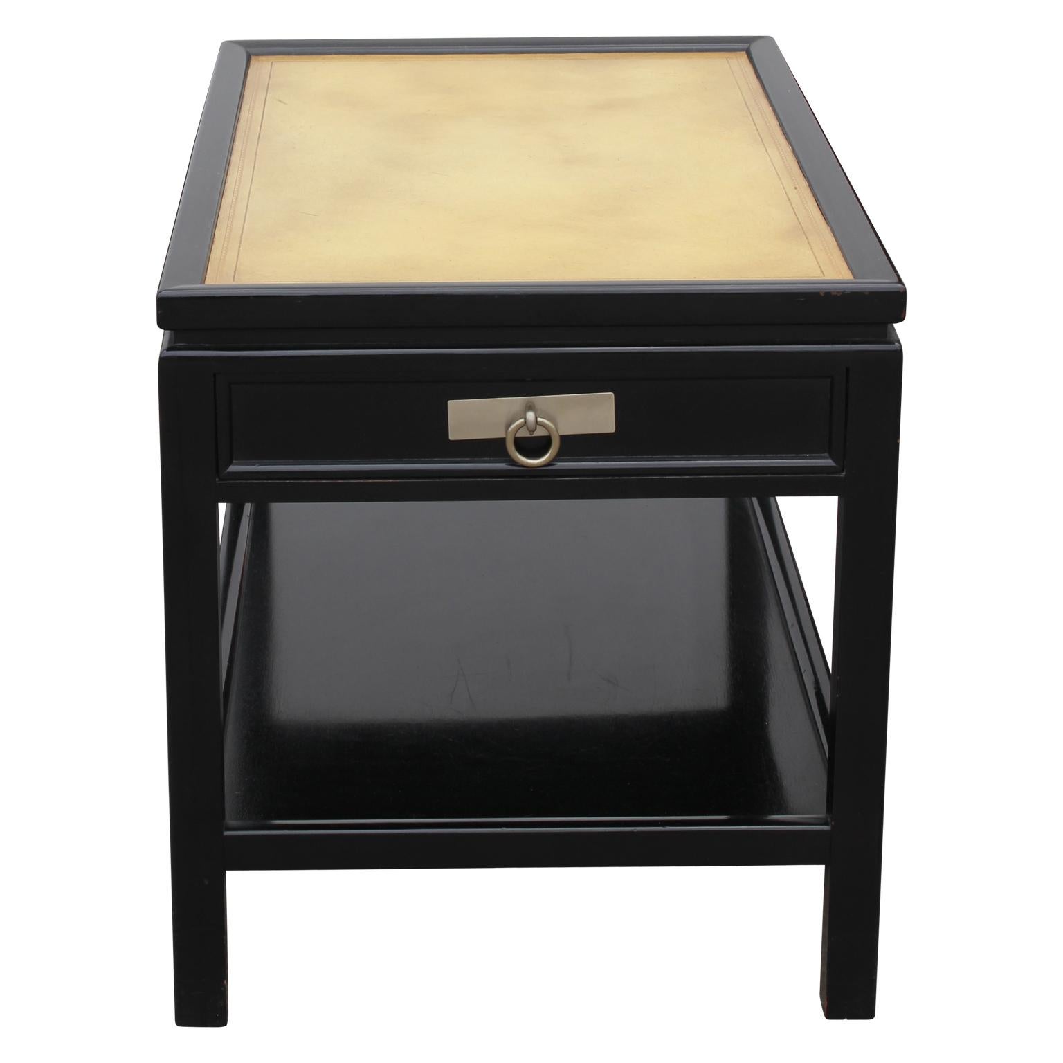 Mid-Century Modern Pair of End Tables with Black Lacquer Leather Top Attributed to Michael Taylor