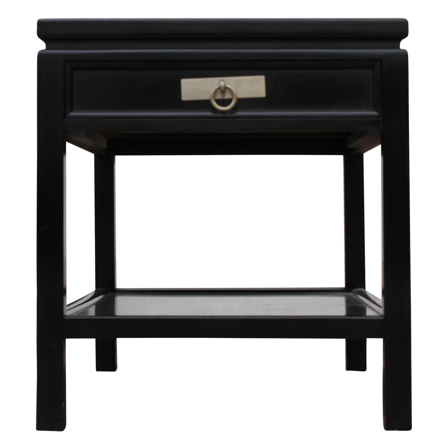 Pair of End Tables with Black Lacquer Leather Top Attributed to Michael Taylor