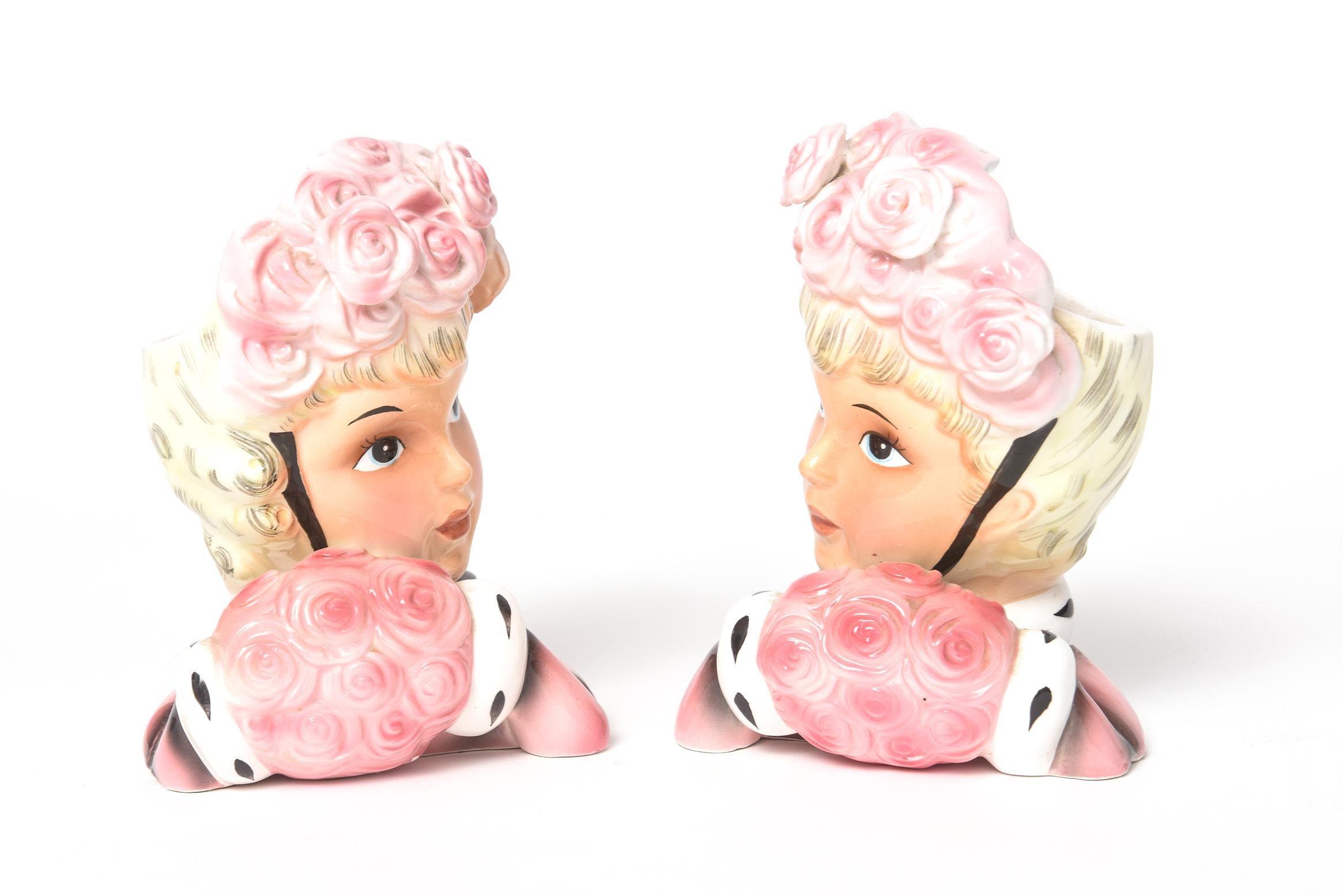 Rare vintage 1950s pair of twin mirror opposite young lady head vases by Enesco head vases. This model is know as 