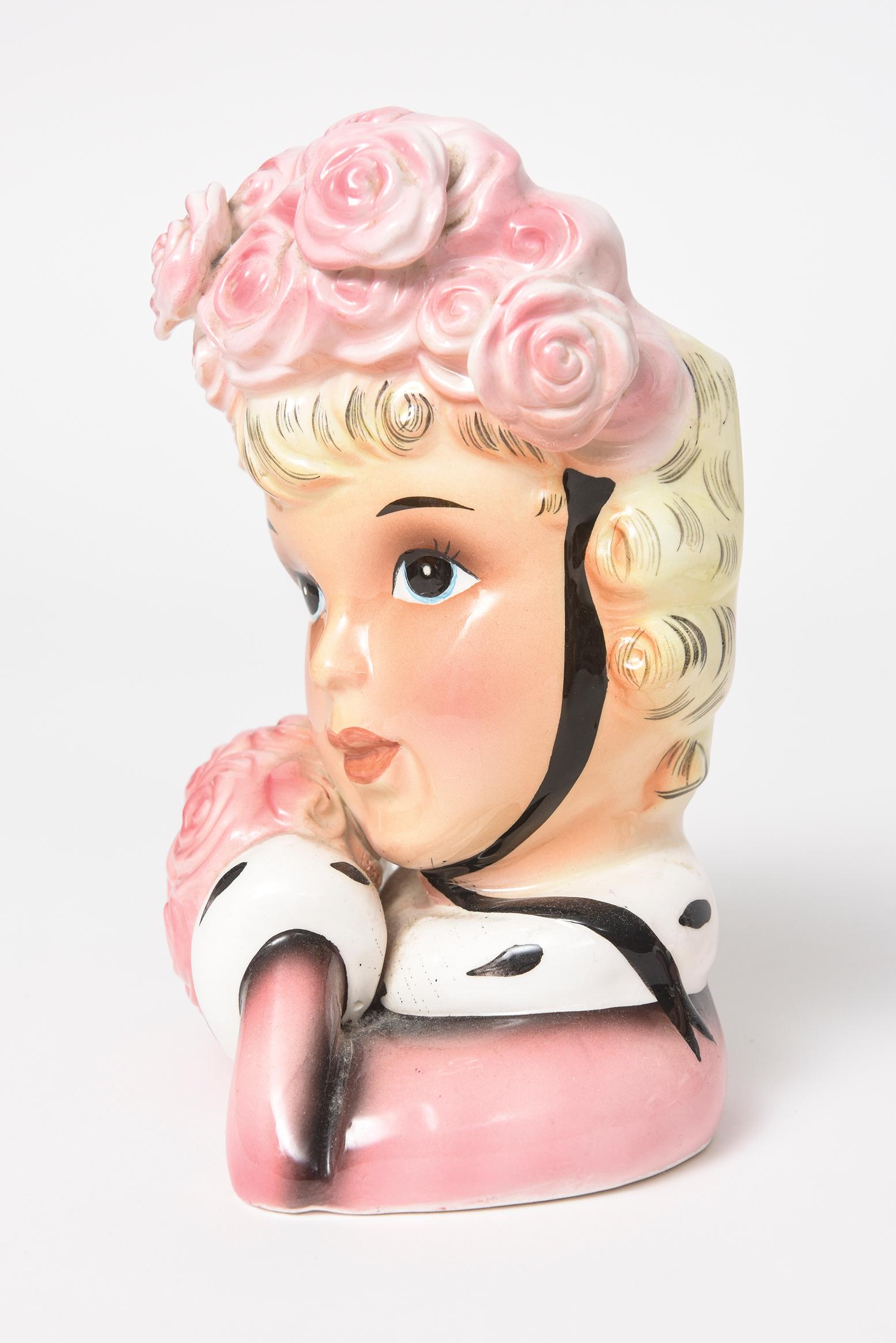 Pair of Enesco Twin Pink Lady Head Vases Wall Pockets Pink Rose Muff and Bonnet In Good Condition For Sale In Miami Beach, FL