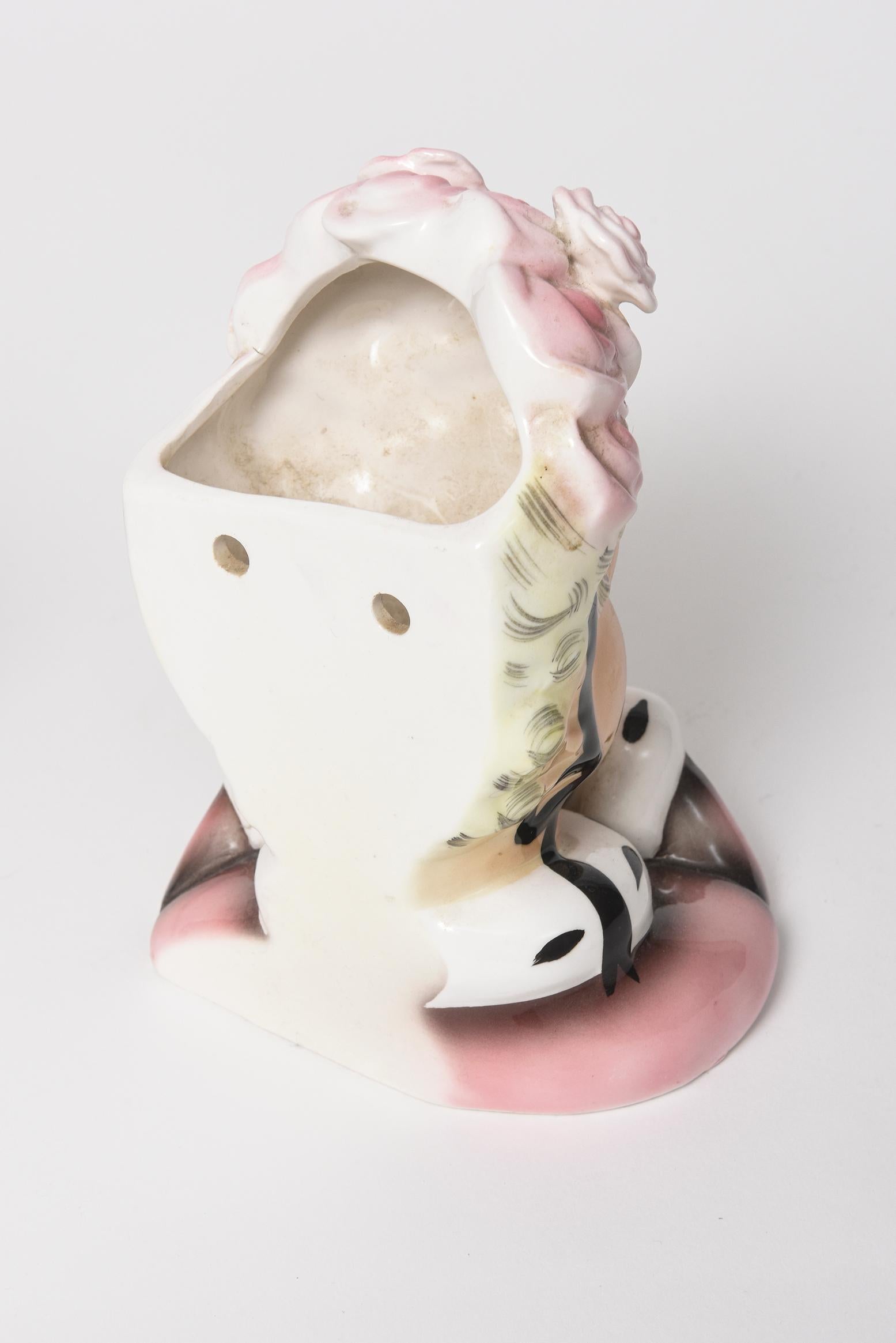 Mid-20th Century Pair of Enesco Twin Pink Lady Head Vases Wall Pockets Pink Rose Muff and Bonnet