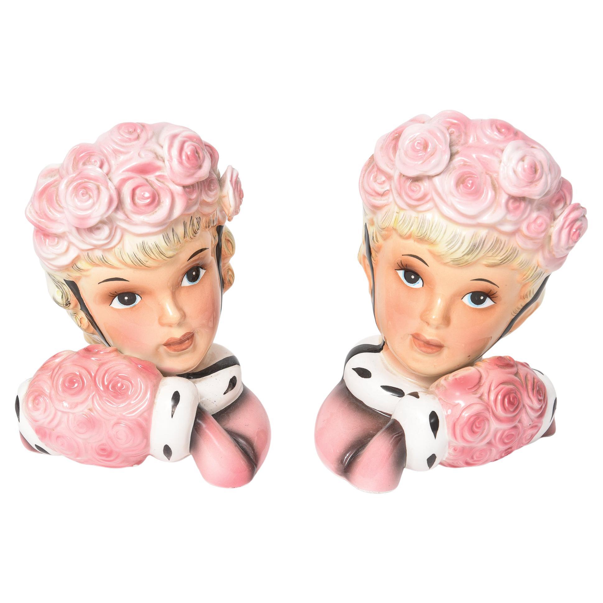 Pair of Enesco Twin Pink Lady Head Vases Wall Pockets Pink Rose Muff and Bonnet For Sale