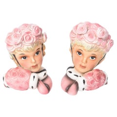 Retro Pair of Enesco Twin Pink Lady Head Vases Wall Pockets Pink Rose Muff and Bonnet