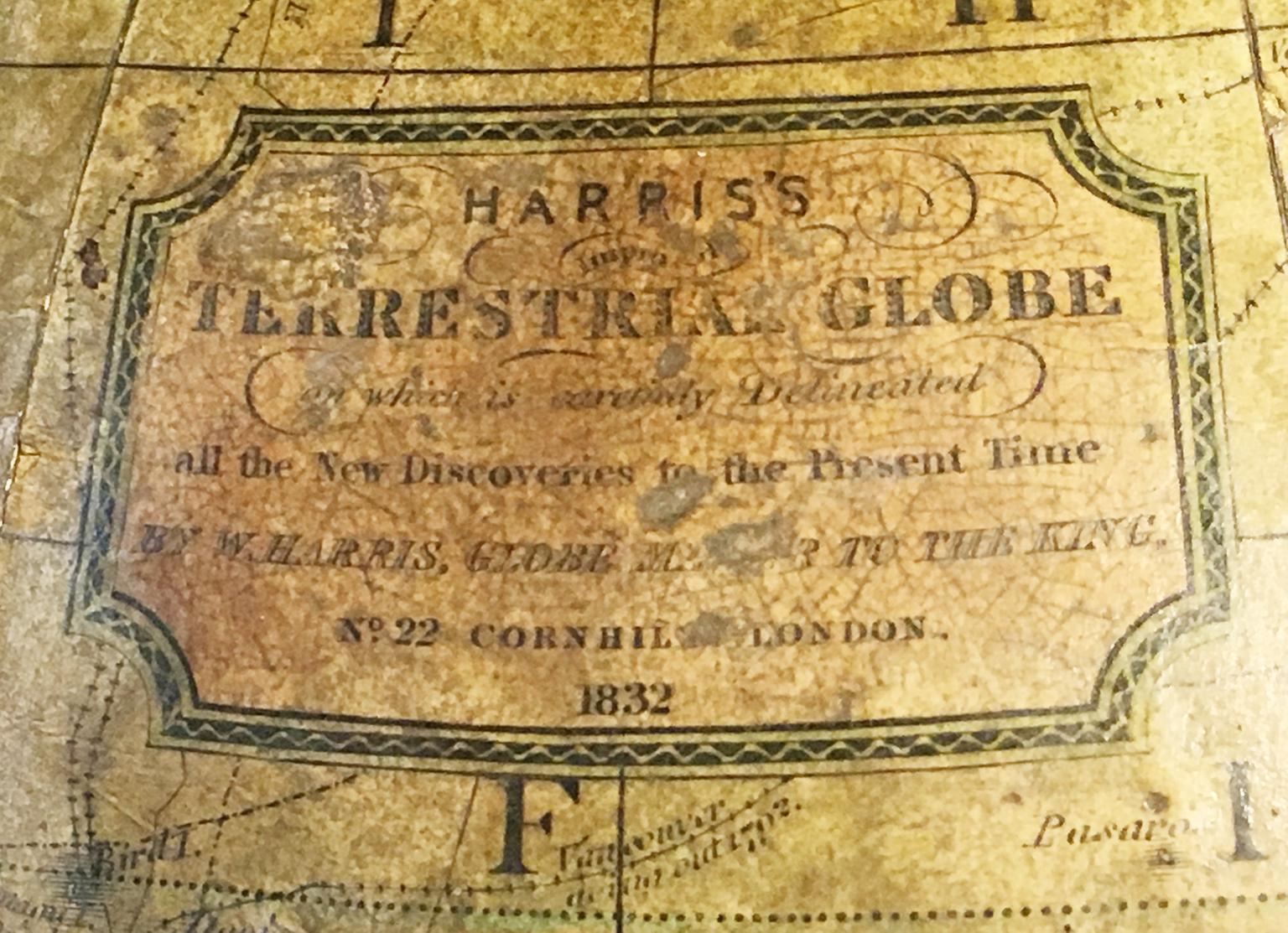 Pair of 12-inch table globes
William Harris
London, 1832 and 1835
Slight abrasions from use; few cracks

lb 11 each (kg 5)

The two terrestrial and celestial globes rest in their original Dutch style stands with four supporting turned wood