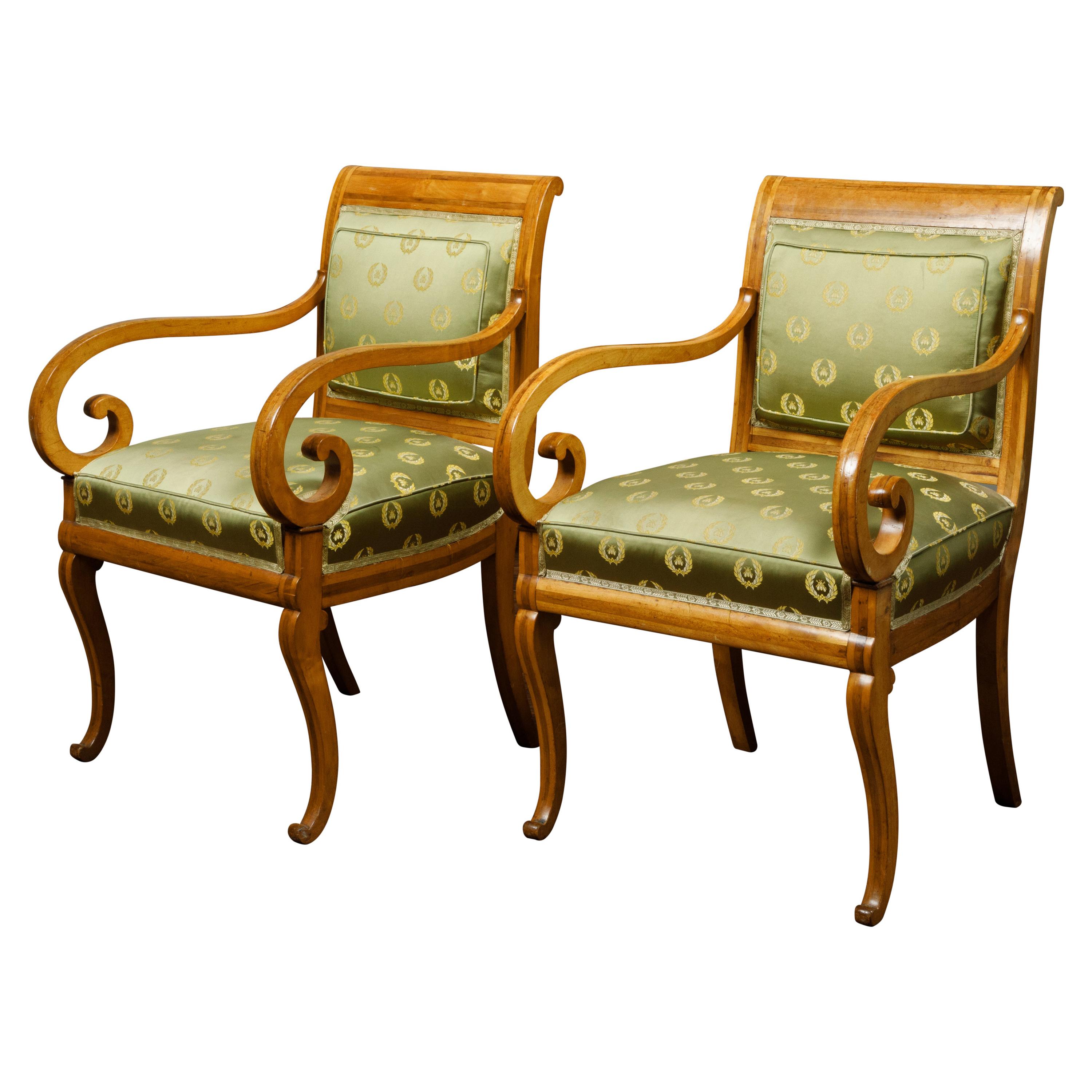Pair of English 1830s Regency Walnut Upholstered Armchairs with Scrolling Arms