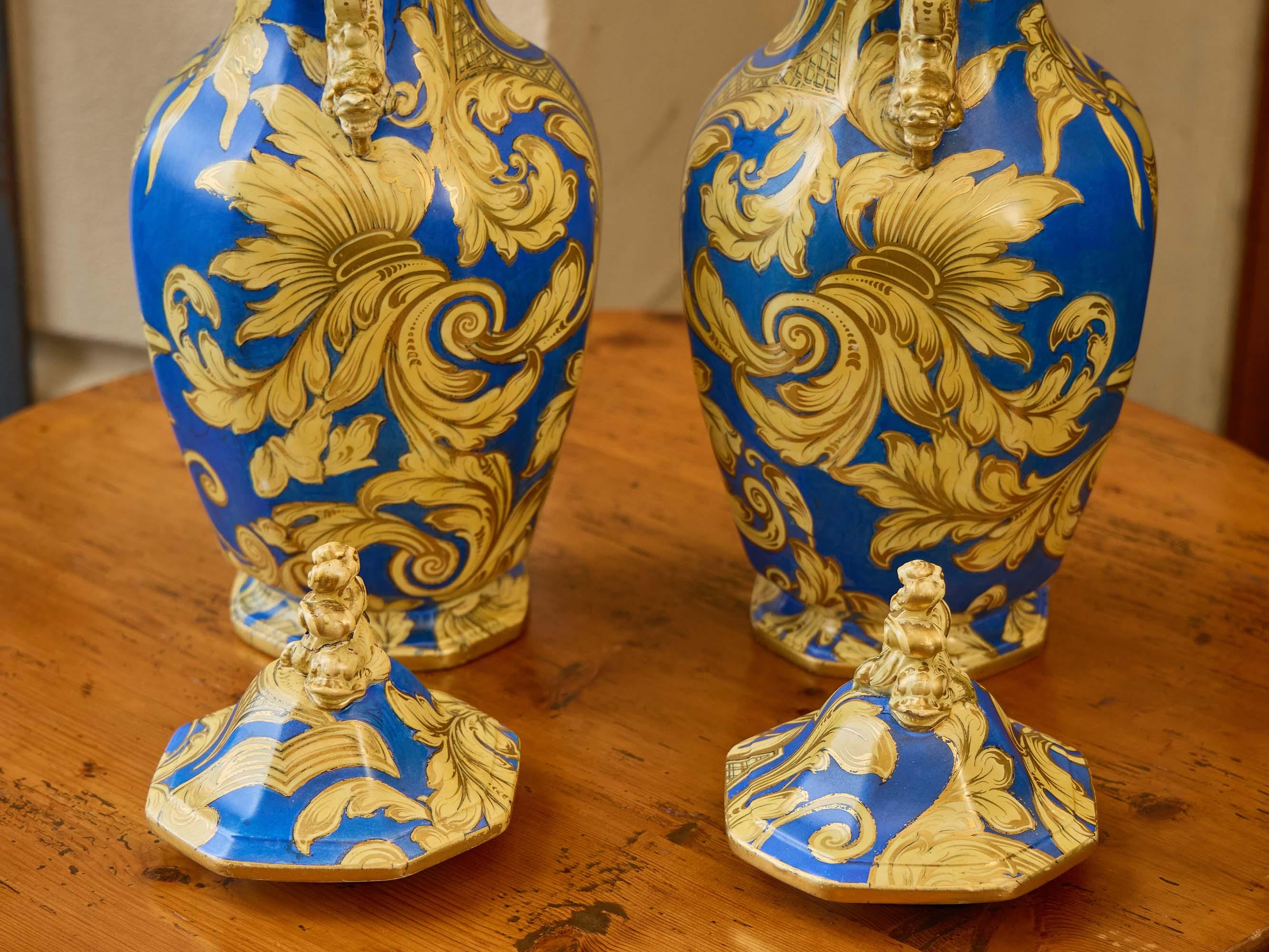 Pair of English 1840s Mason’s Ironstone Lidded Vases with Blue & Gilt Scrollwork For Sale 2