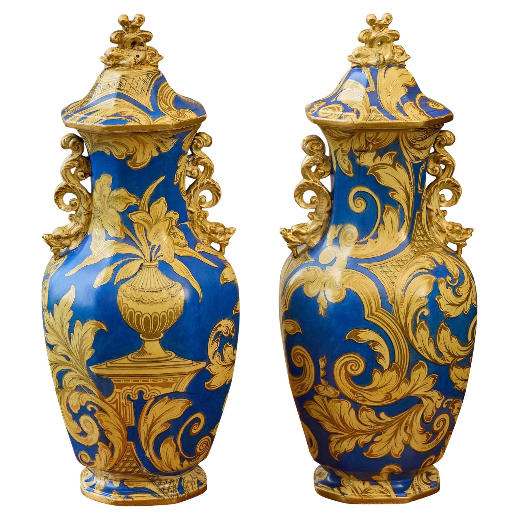 Pair of English 1840s Mason’s Ironstone Lidded Vases with Blue & Gilt Scrollwork For Sale