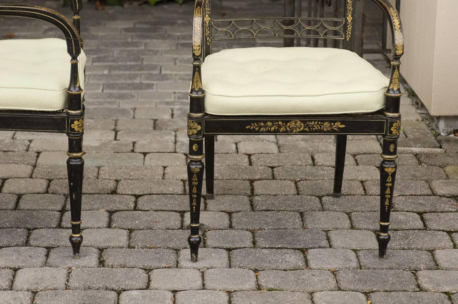 Pair of English 1850s Regency Style Ebonized Wood Armchairs with Gilded Accents 6