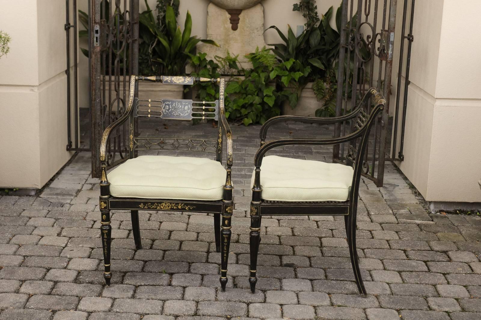 Pair of English 1850s Regency Style Ebonized Wood Armchairs with Gilded Accents In Good Condition In Atlanta, GA