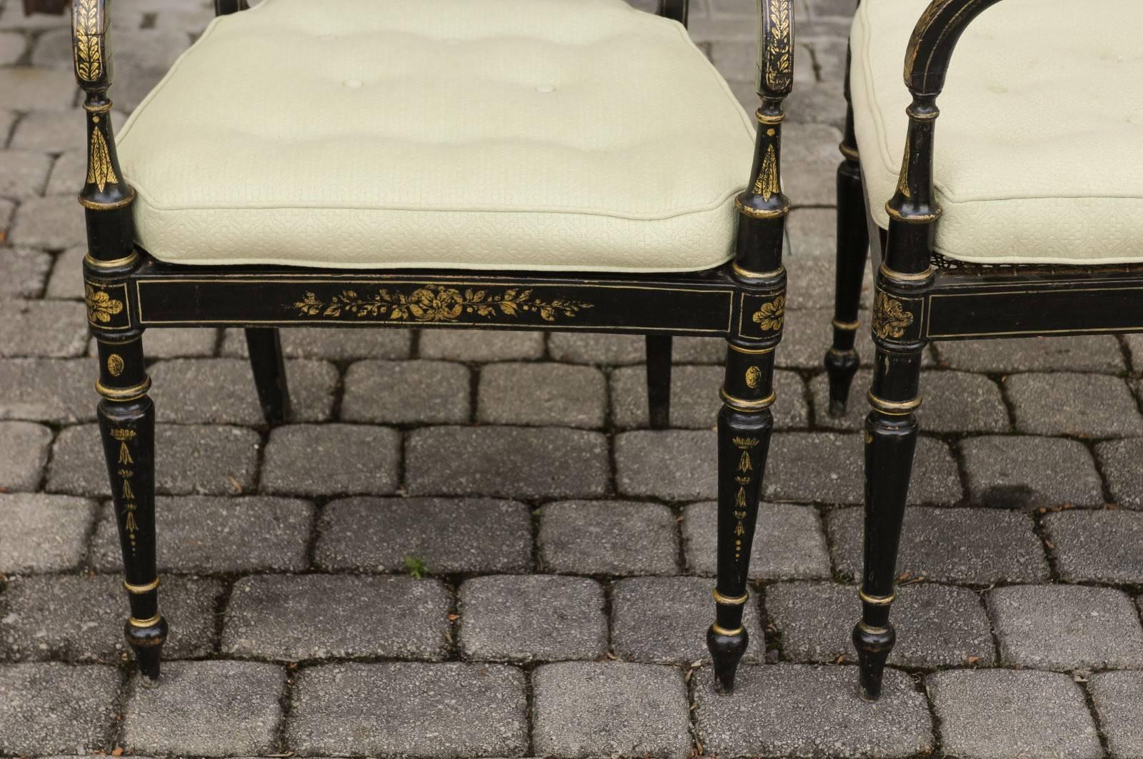 Pair of English 1850s Regency Style Ebonized Wood Armchairs with Gilded Accents 2