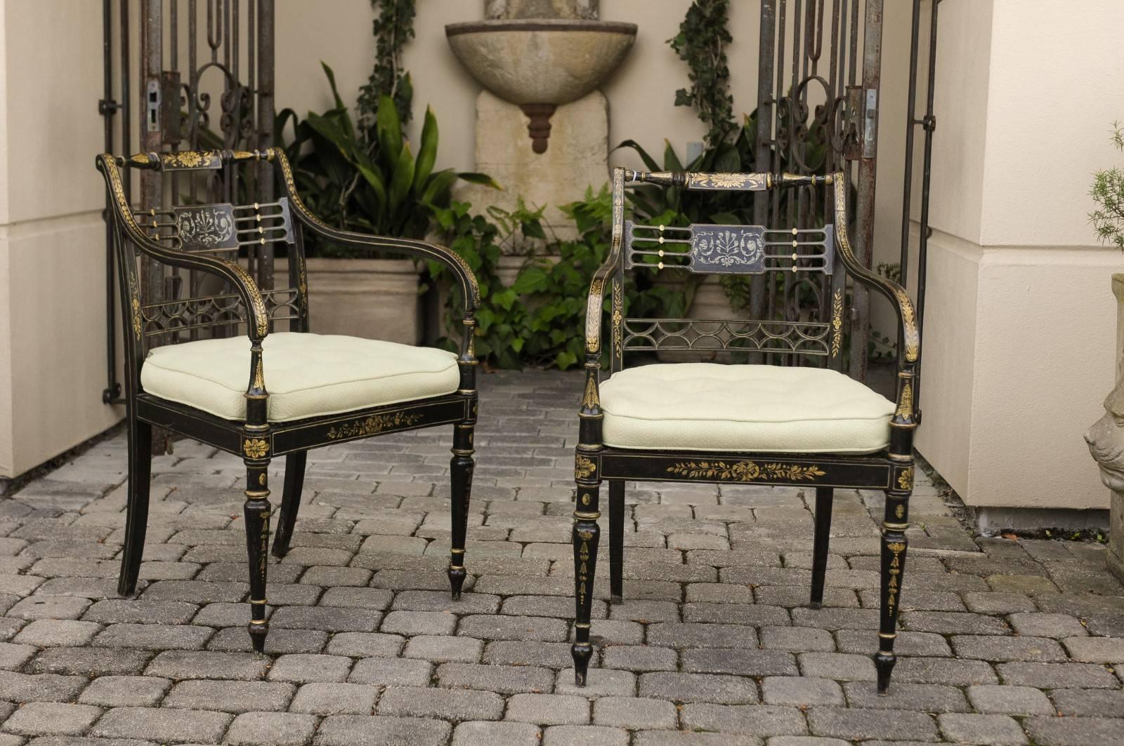 Pair of English 1850s Regency Style Ebonized Wood Armchairs with Gilded Accents 3