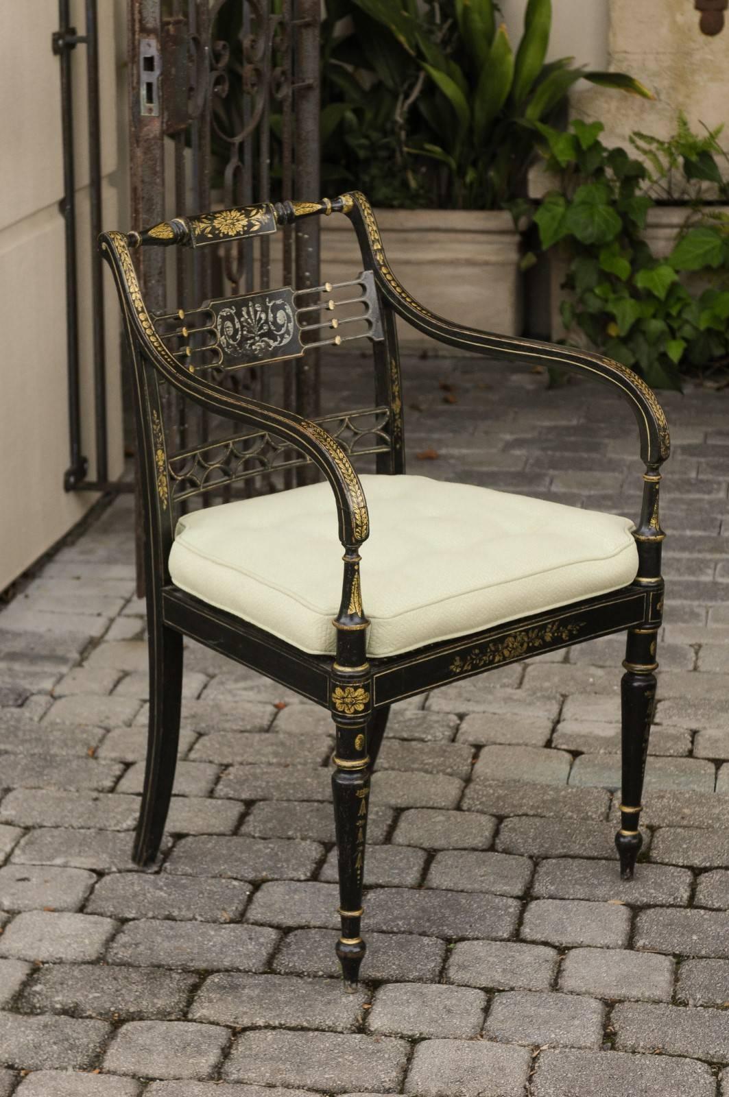 Pair of English 1850s Regency Style Ebonized Wood Armchairs with Gilded Accents 4