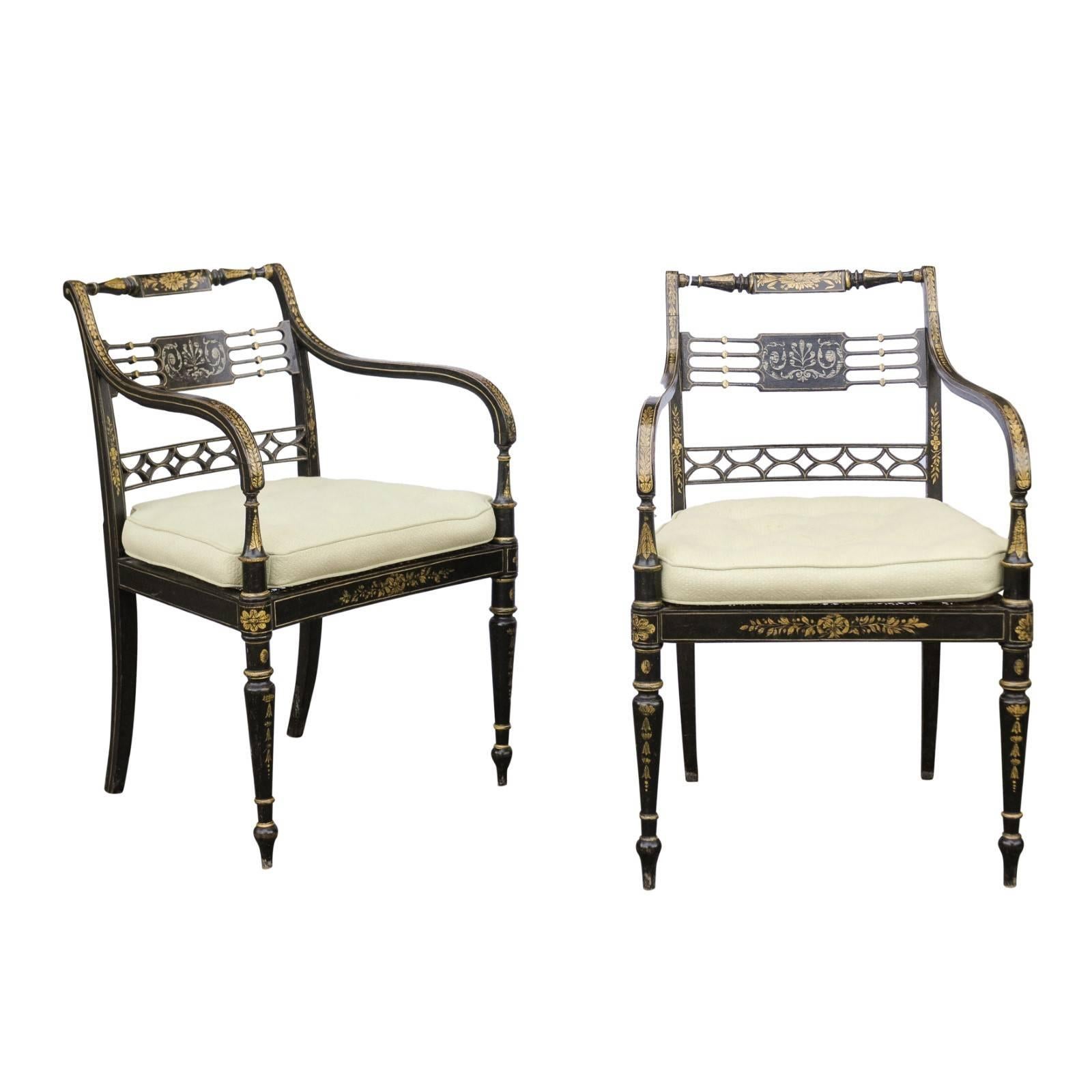 Pair of English 1850s Regency Style Ebonized Wood Armchairs with Gilded Accents