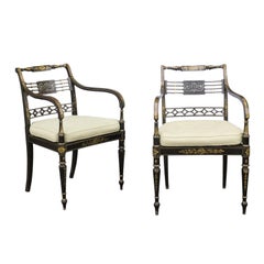 Antique Pair of English 1850s Regency Style Ebonized Wood Armchairs with Gilded Accents