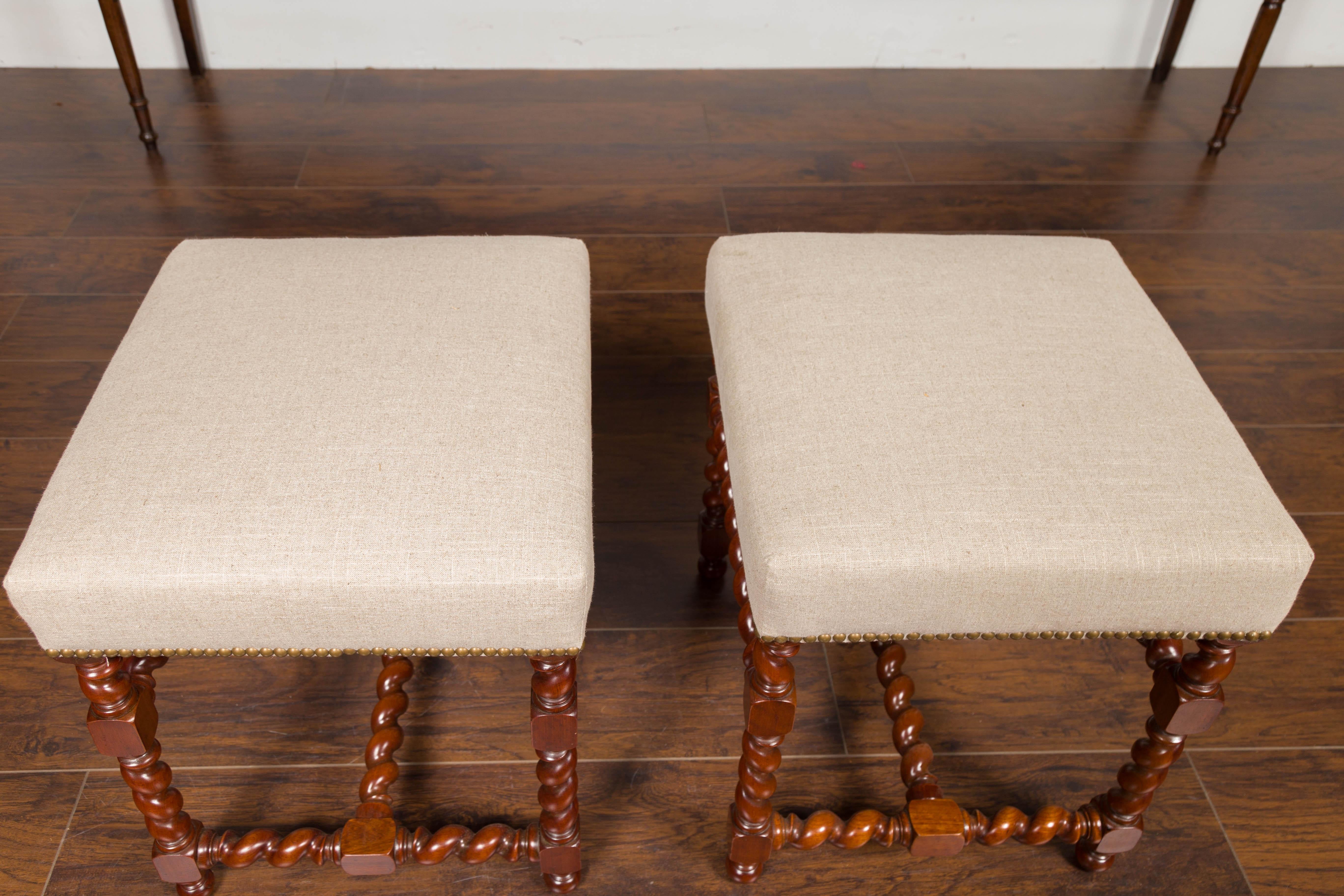 Pair of English 1860s Walnut Stools with Barley Twist Base and New Upholstery 5
