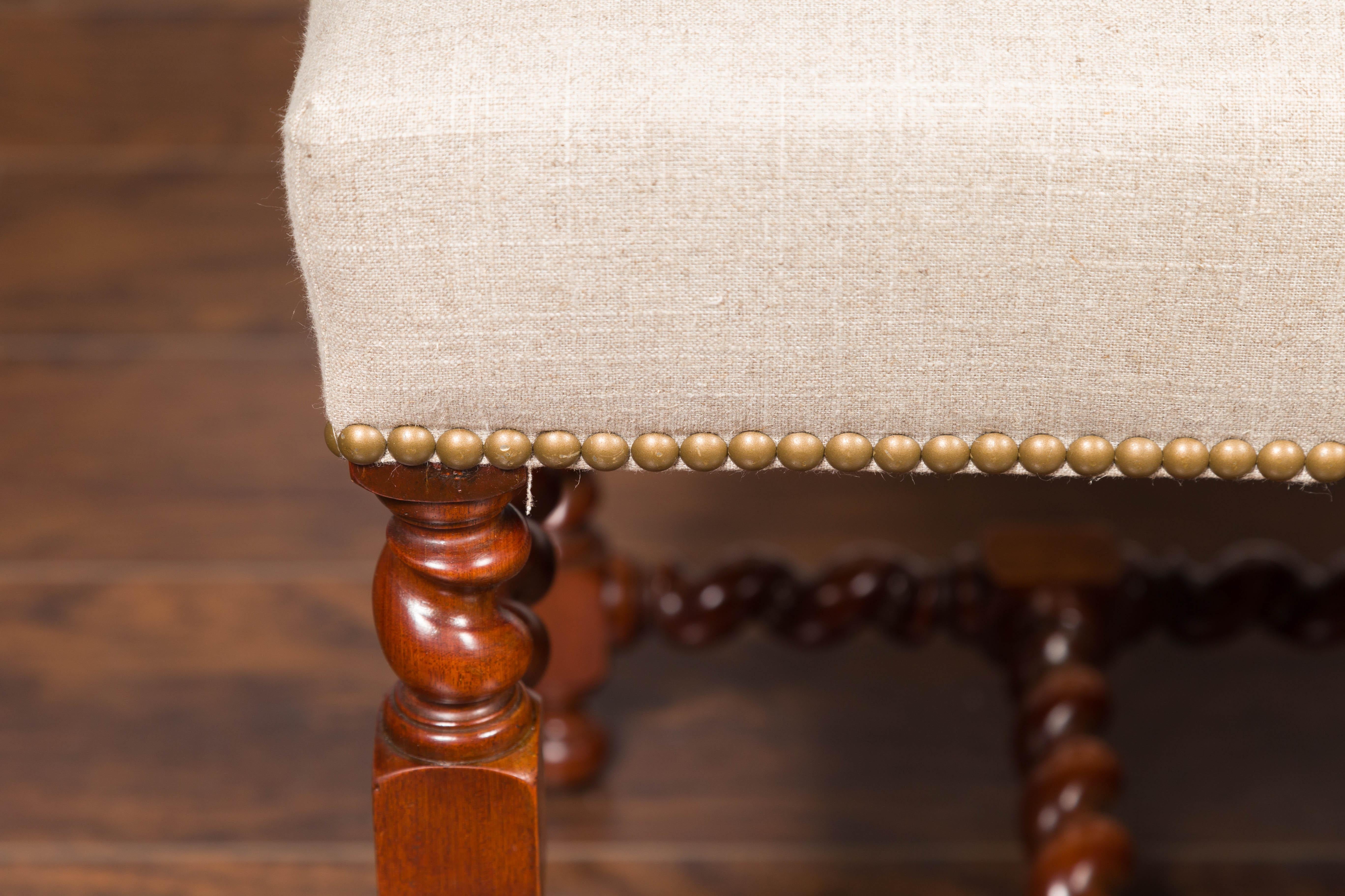 Pair of English 1860s Walnut Stools with Barley Twist Base and New Upholstery 7