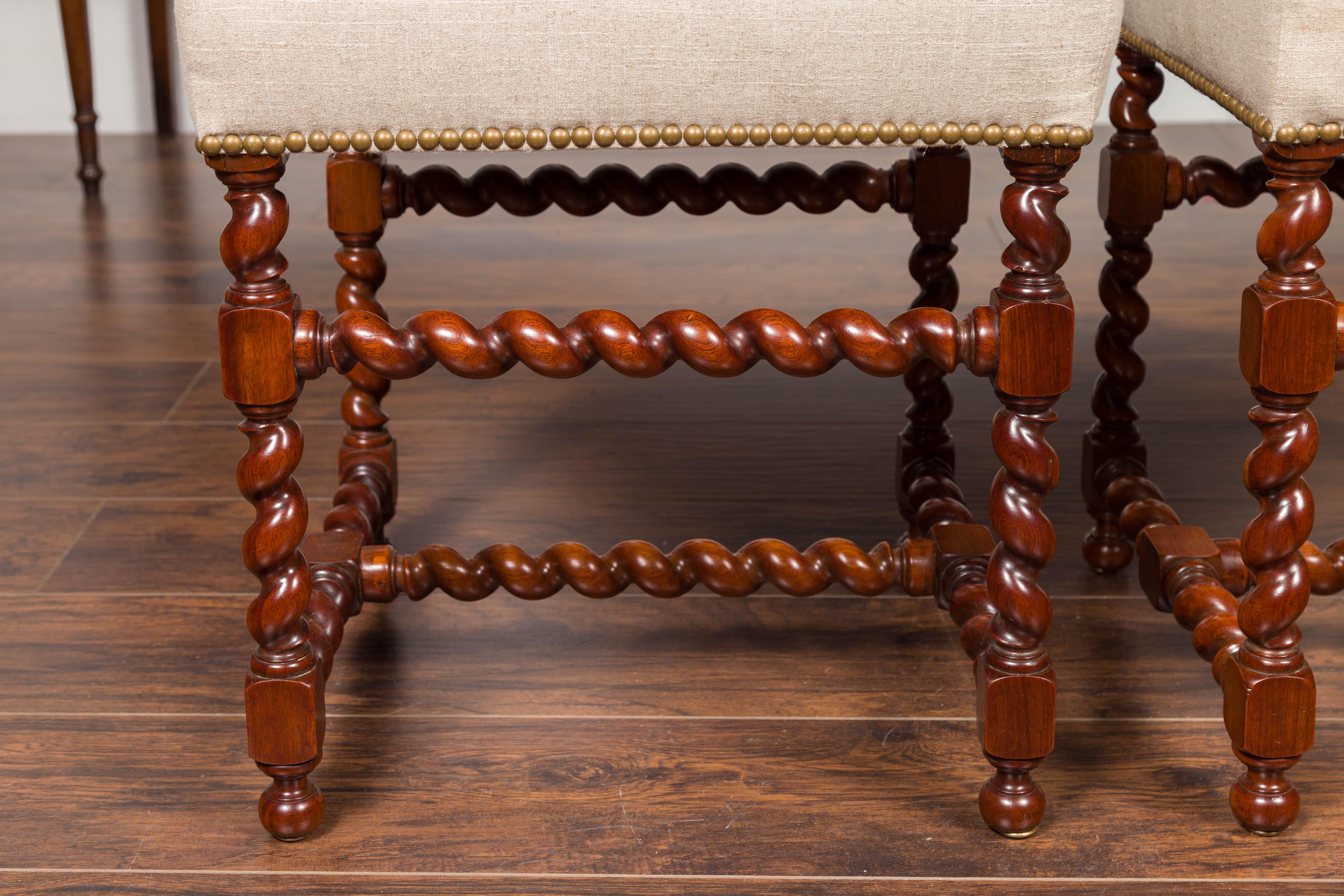 Pair of English 1860s Walnut Stools with Barley Twist Base and New Upholstery 8