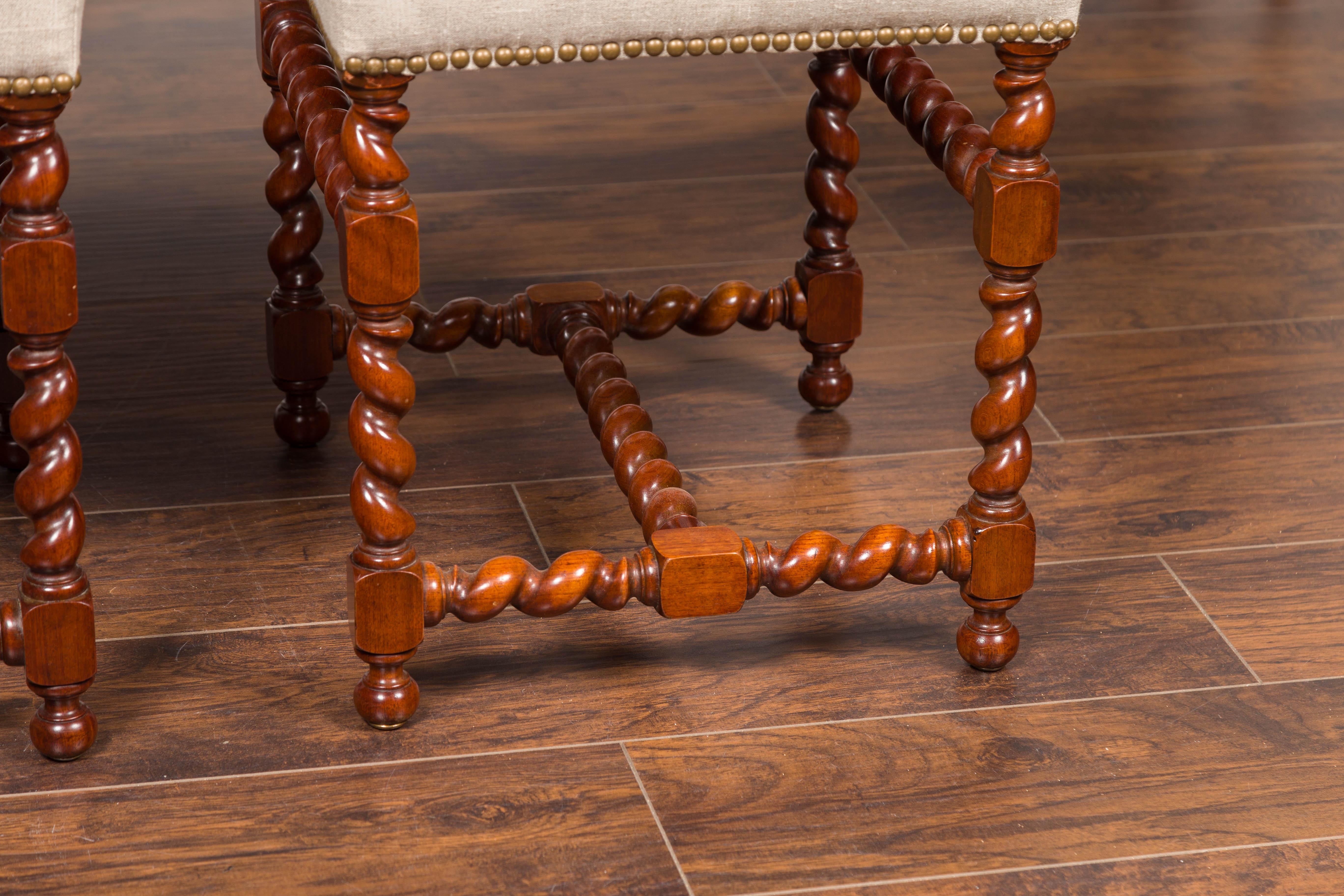 Pair of English 1860s Walnut Stools with Barley Twist Base and New Upholstery 9