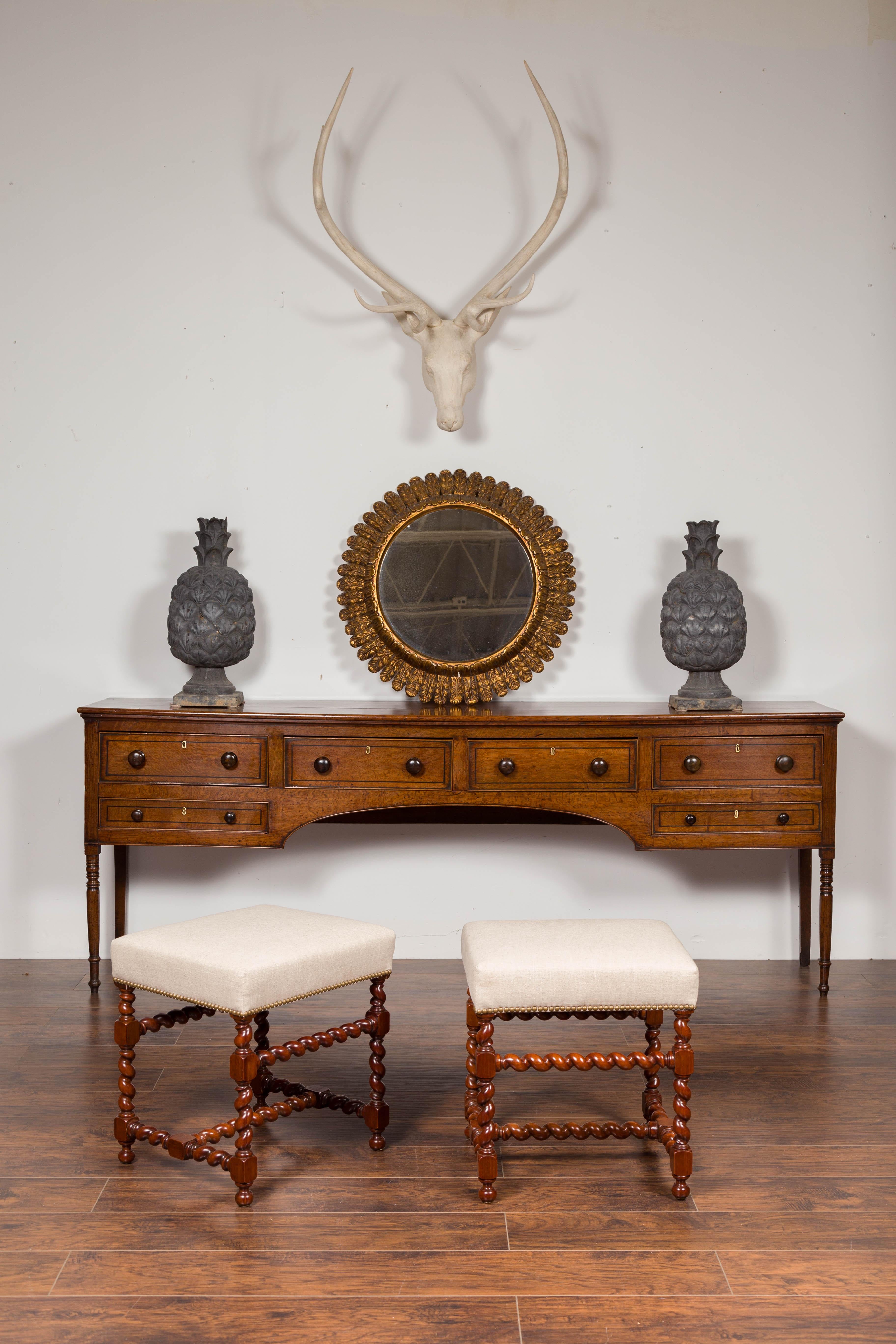 Turned Pair of English 1860s Walnut Stools with Barley Twist Base and New Upholstery