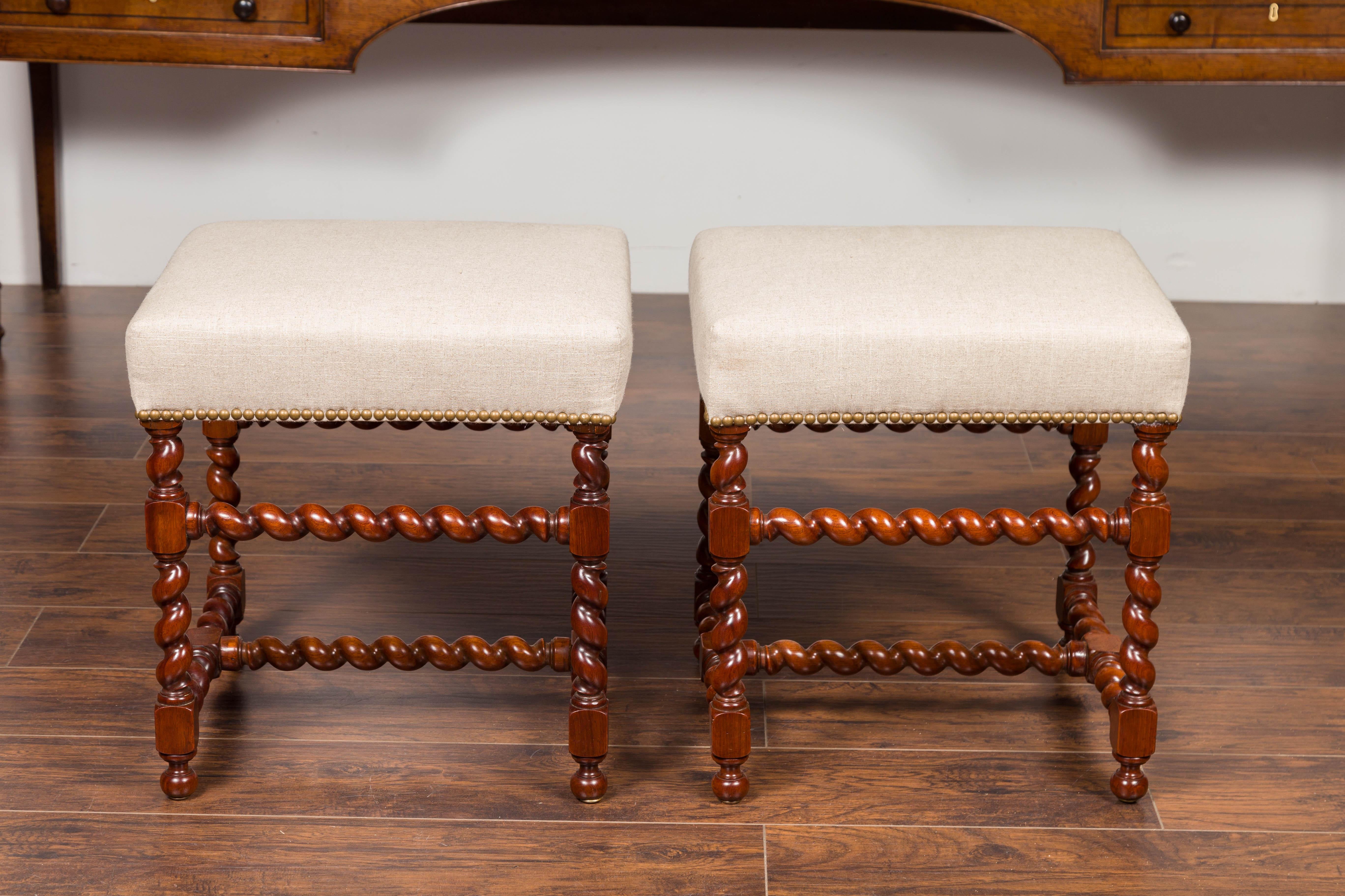 Pair of English 1860s Walnut Stools with Barley Twist Base and New Upholstery In Good Condition In Atlanta, GA