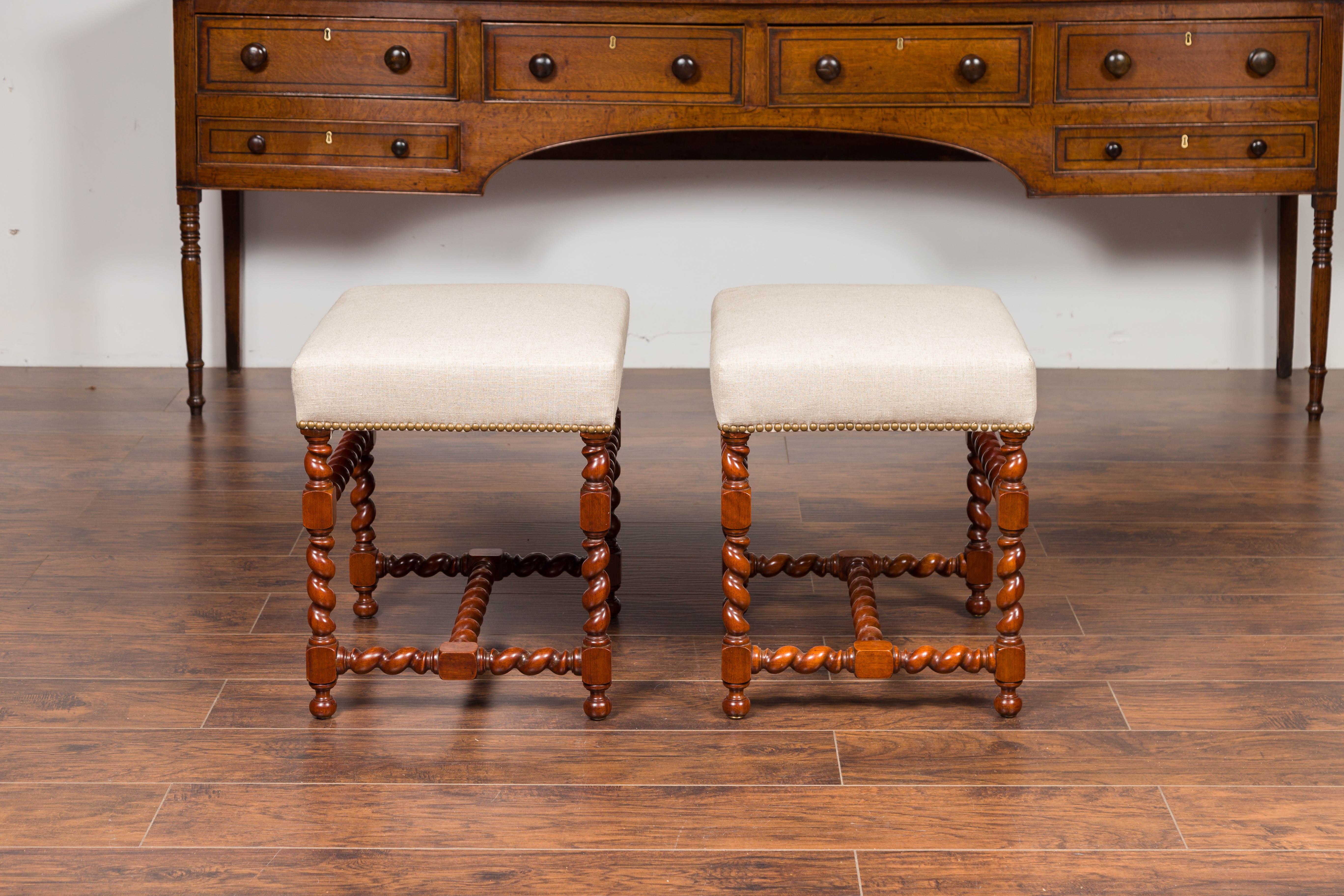 19th Century Pair of English 1860s Walnut Stools with Barley Twist Base and New Upholstery