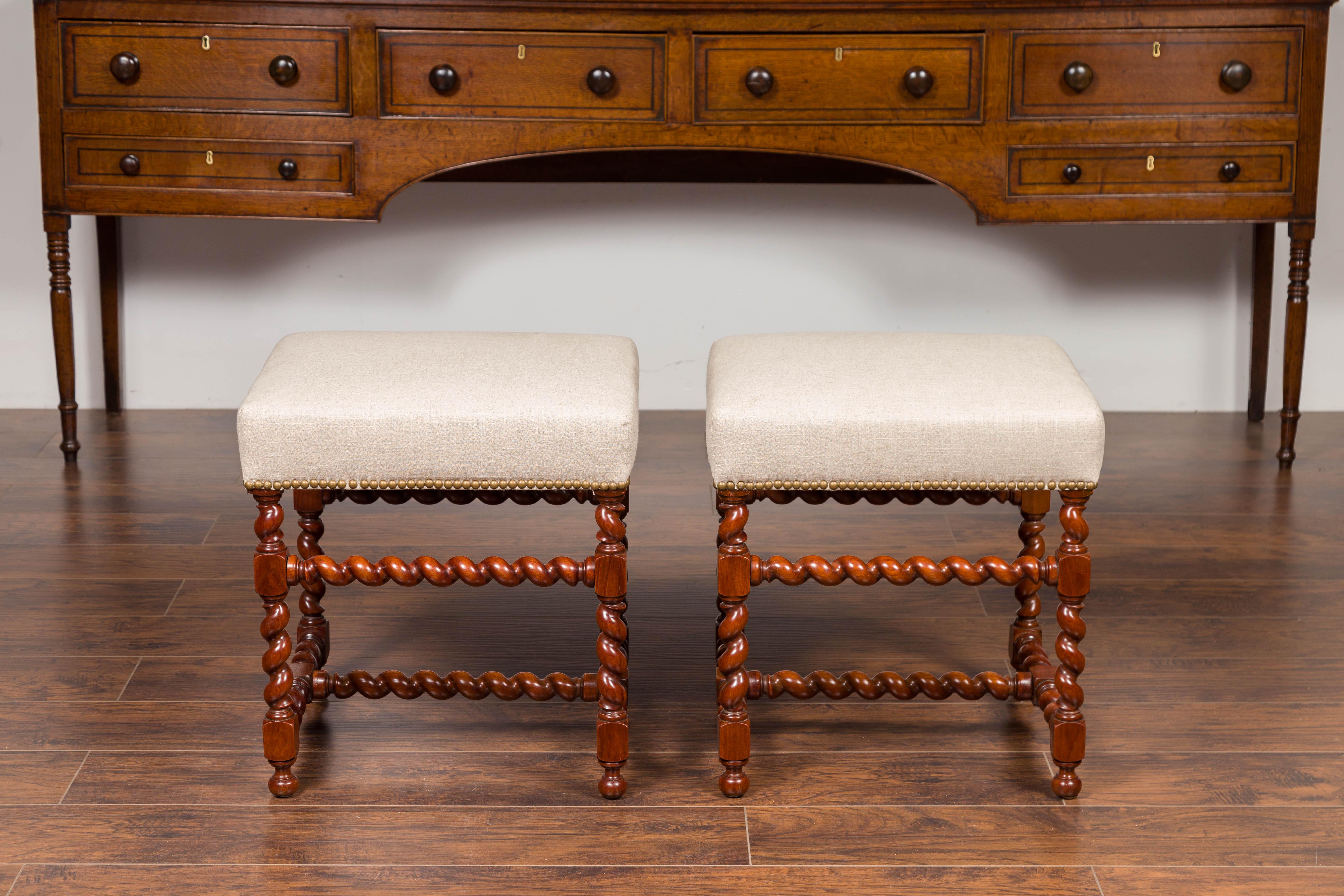 Pair of English 1860s Walnut Stools with Barley Twist Base and New Upholstery 1