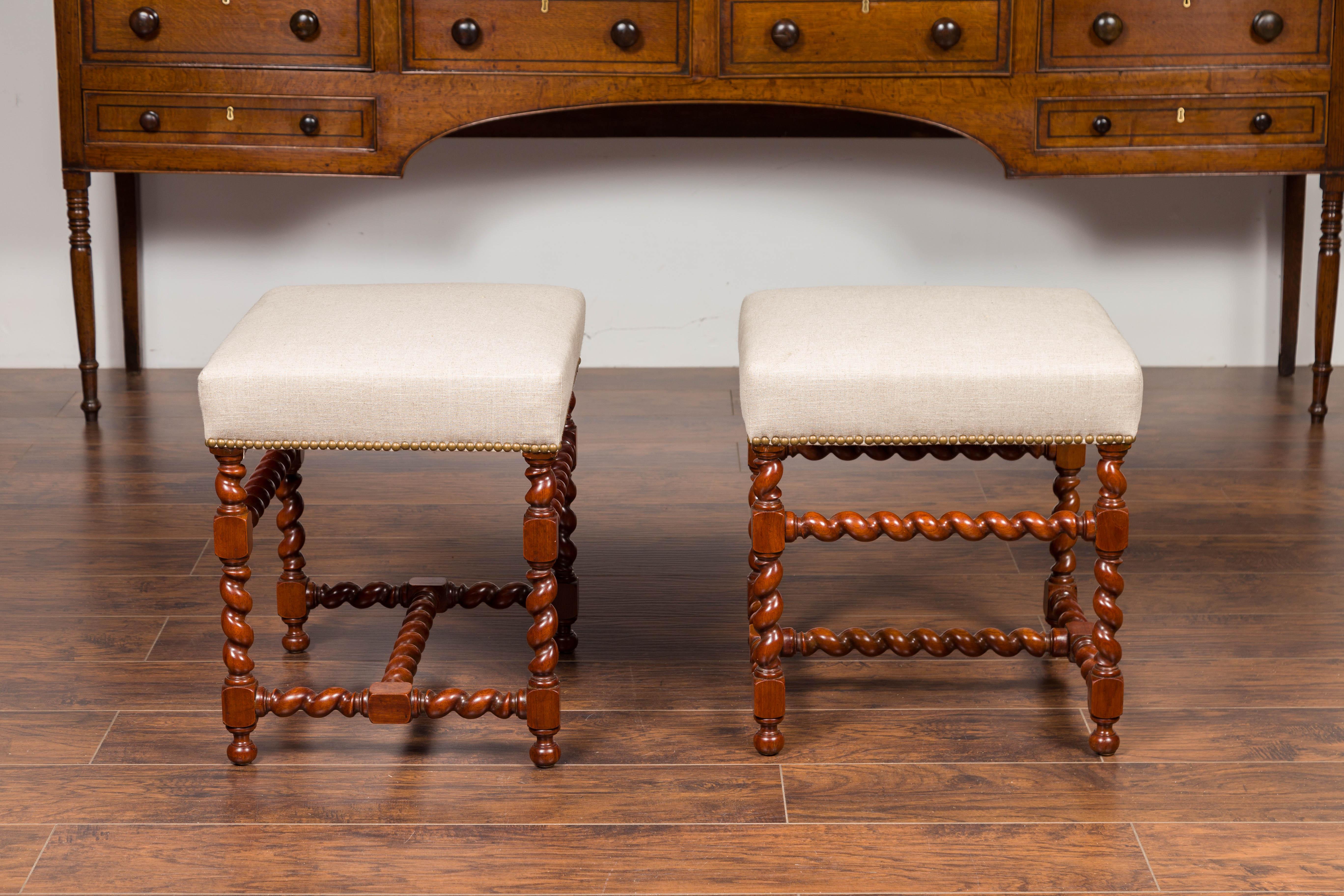 Pair of English 1860s Walnut Stools with Barley Twist Base and New Upholstery 2