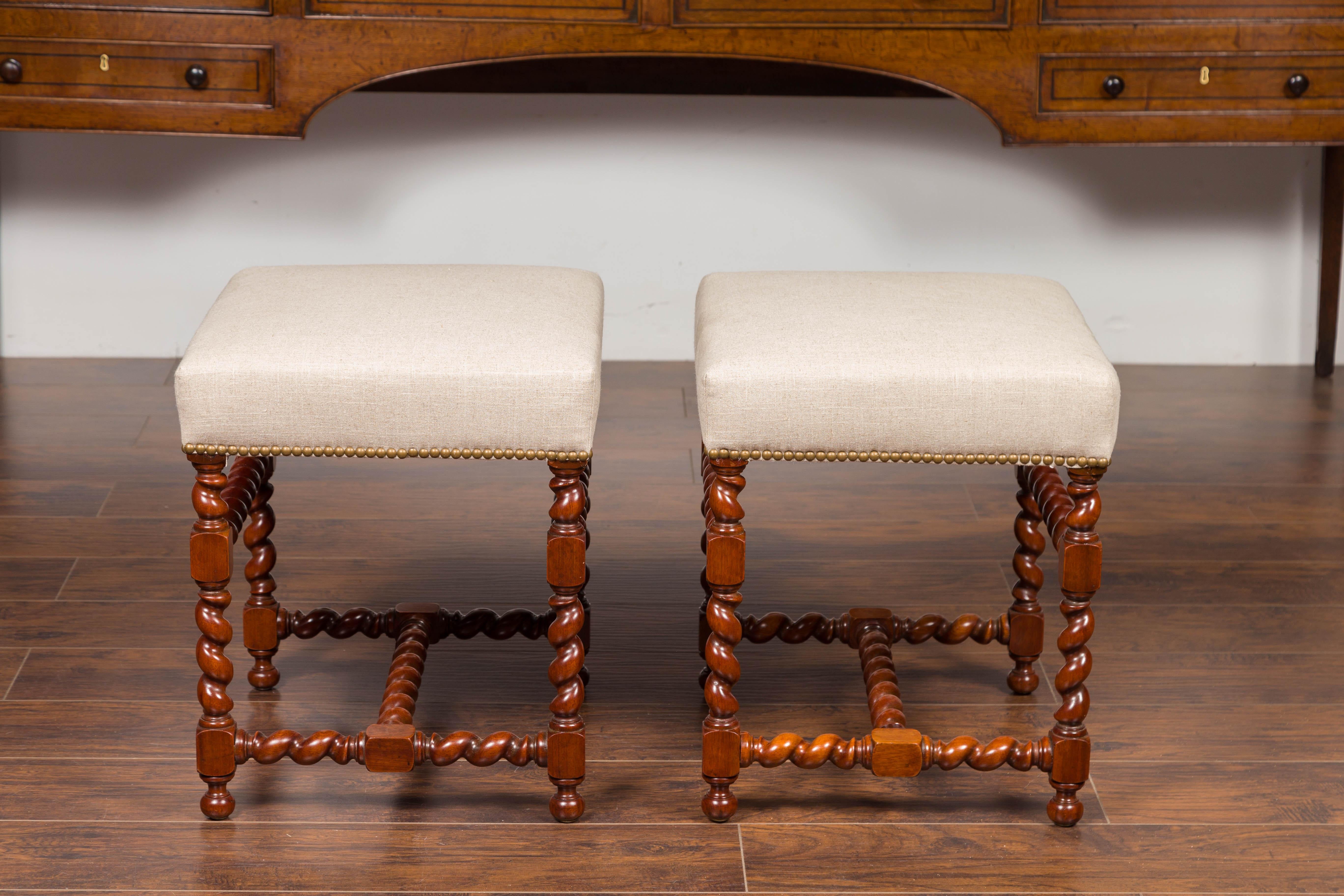 Pair of English 1860s Walnut Stools with Barley Twist Base and New Upholstery 3