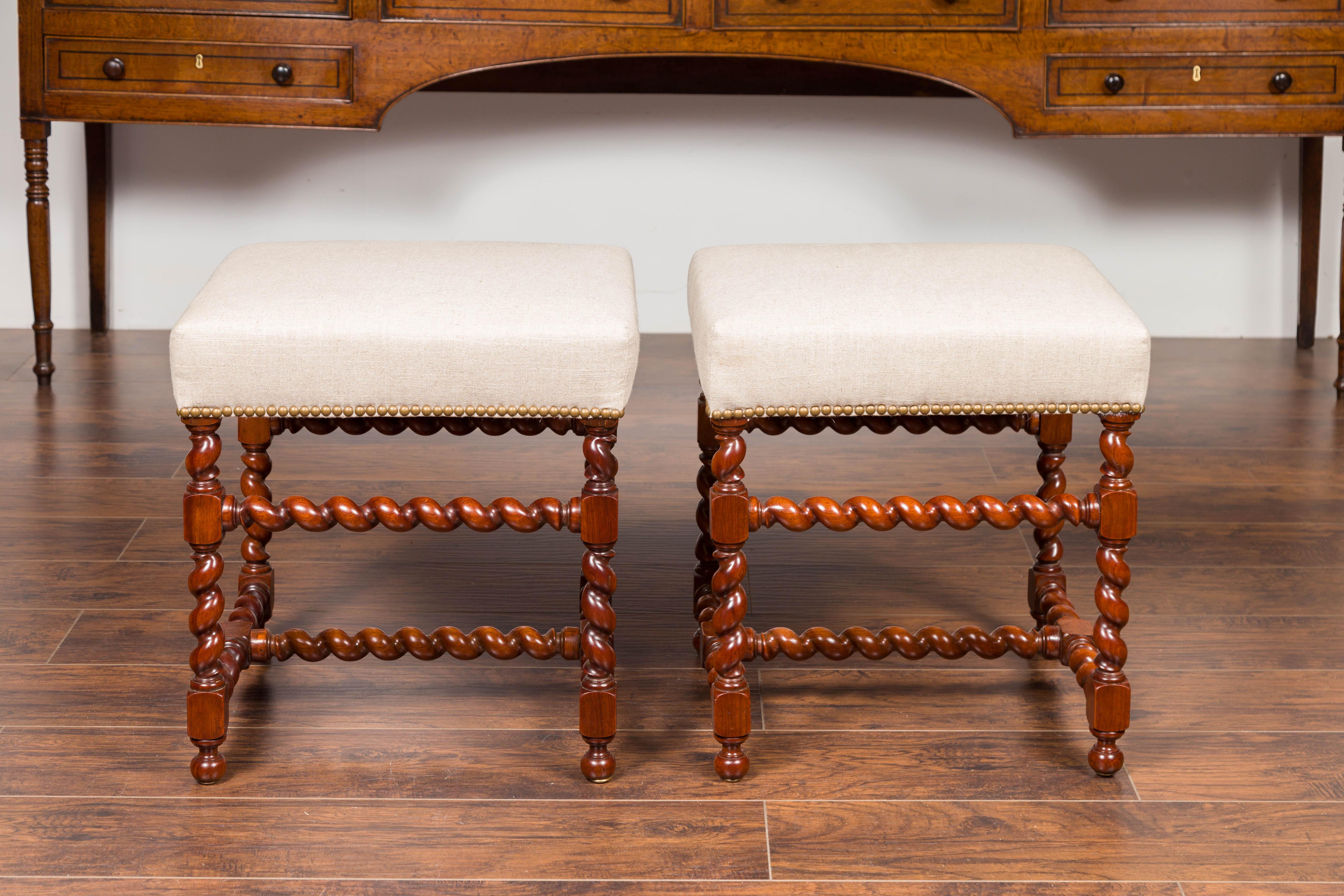 Pair of English 1860s Walnut Stools with Barley Twist Base and New Upholstery 4