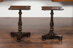 Pair of English 1870s Black and Gold Chinoiserie Low Pedestal Side Tables